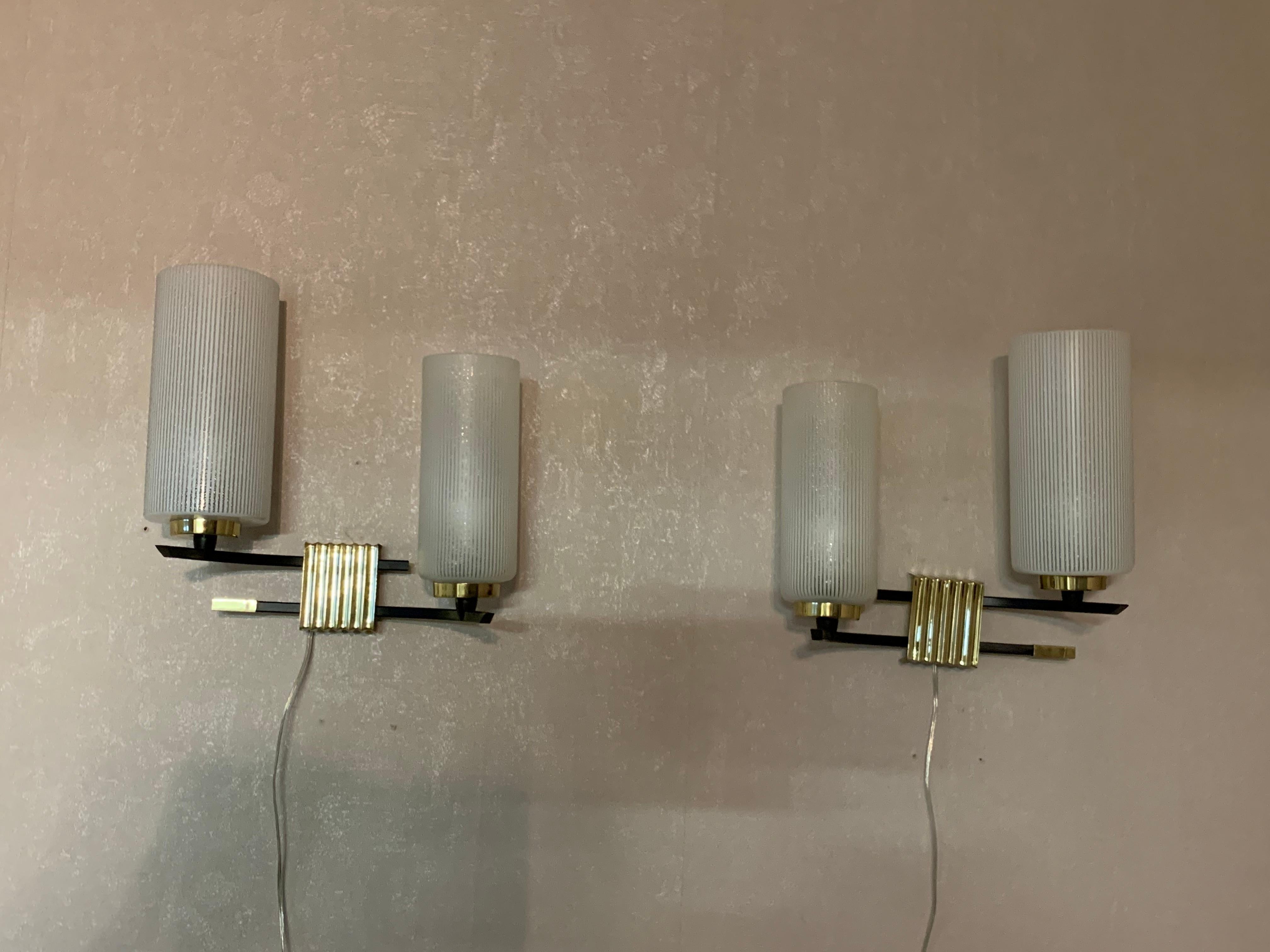 Midcentury French Brass and Opaline Glass Sconces by Maison Arlus, 1950s 9