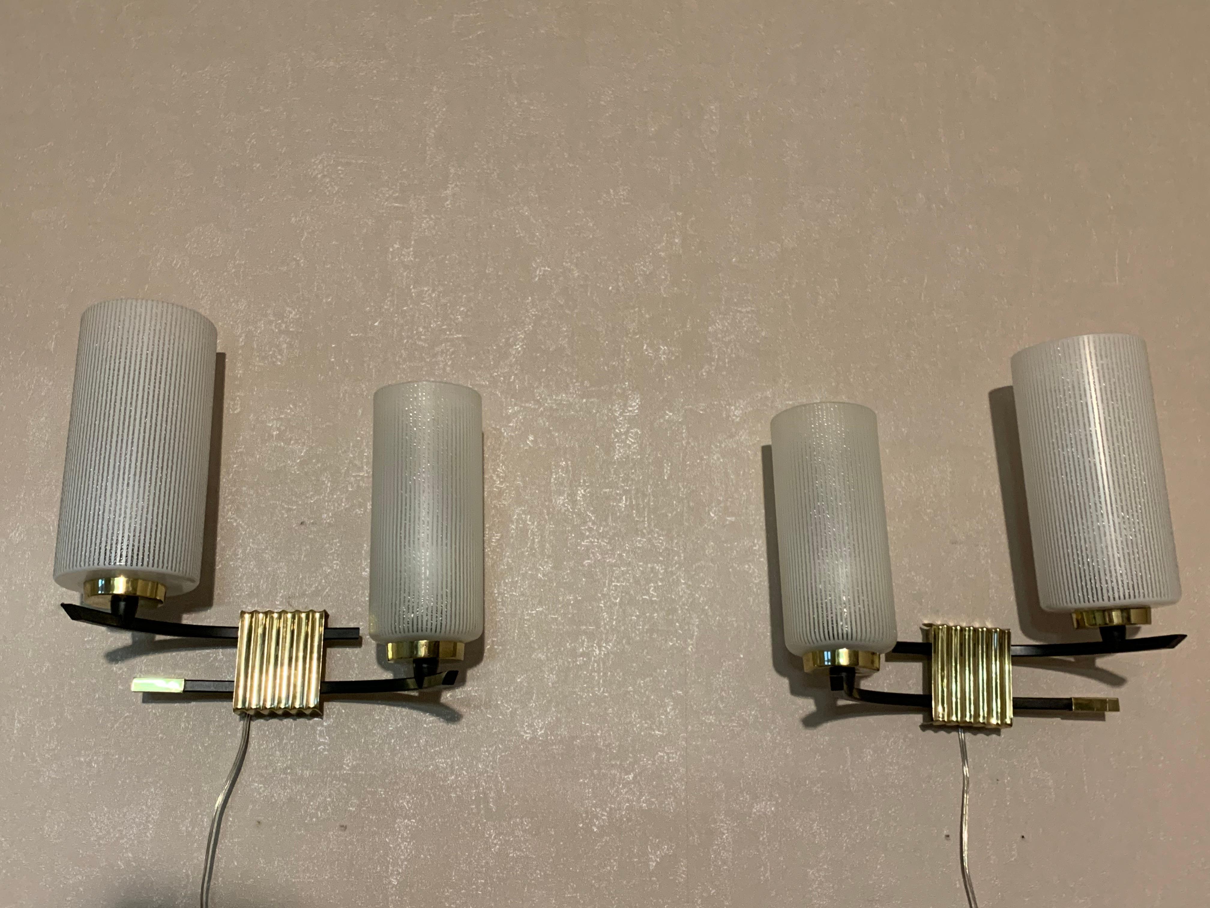 Midcentury French Brass and Opaline Glass Sconces by Maison Arlus, 1950s 13