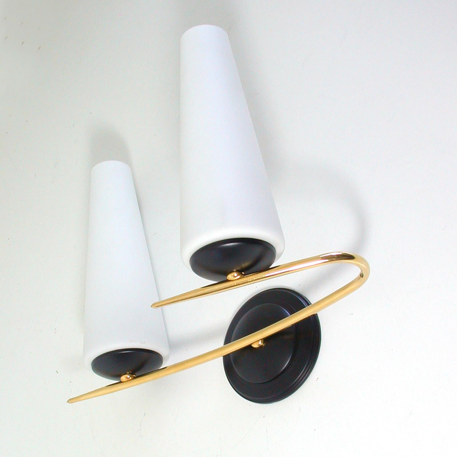 Mid-Century Modern Midcentury French Brass and Opaline Glass Sconces by Maison Arlus, 1950s