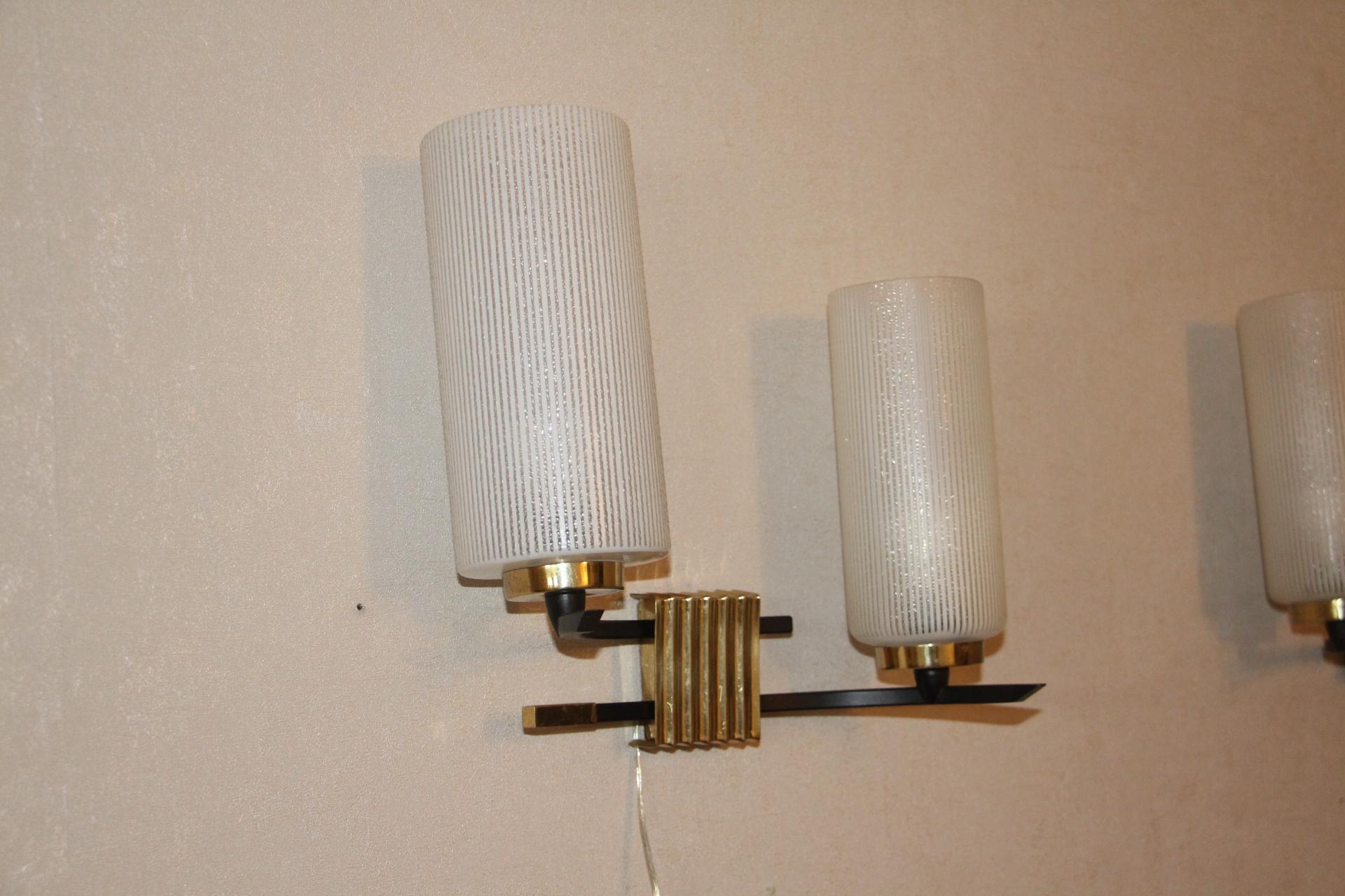 Midcentury French Brass and Opaline Glass Sconces by Maison Arlus, 1950s In Good Condition In Saint-Ouen, FR