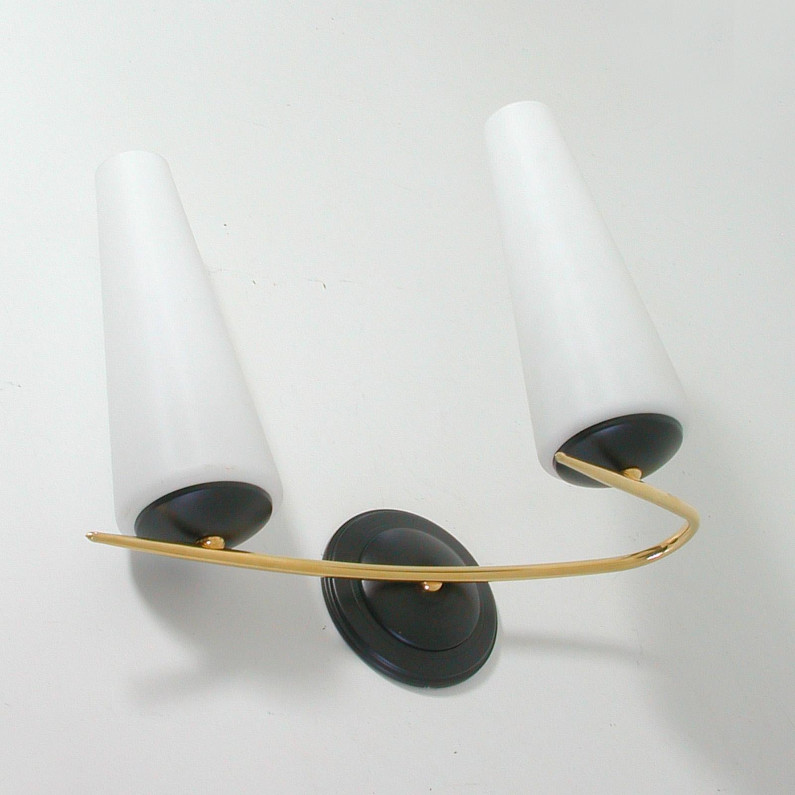 Mid-20th Century Midcentury French Brass and Opaline Glass Sconces by Maison Arlus, 1950s