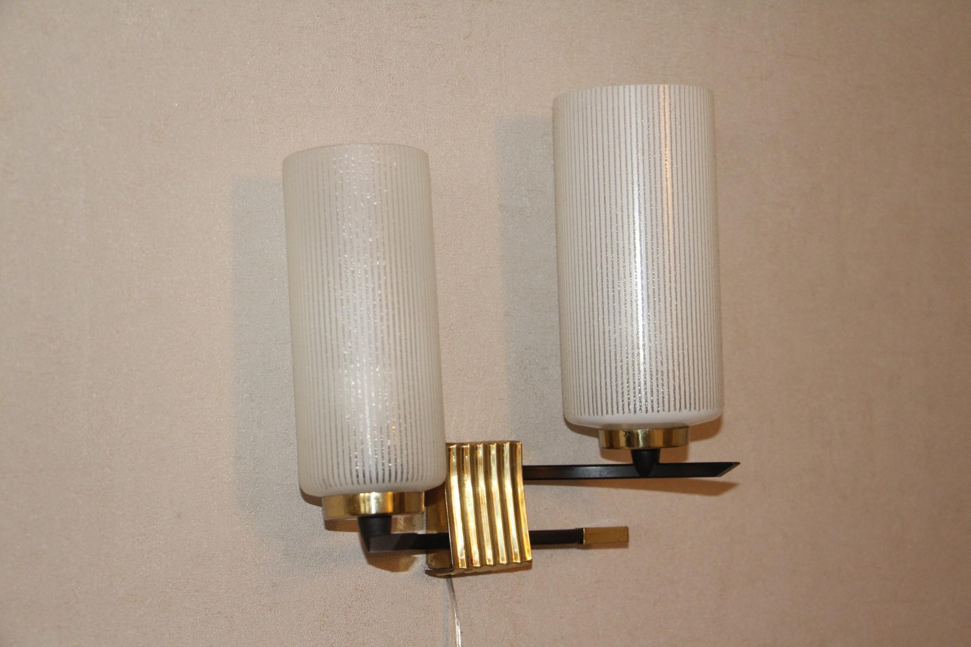 Mid-20th Century Midcentury French Brass and Opaline Glass Sconces by Maison Arlus, 1950s