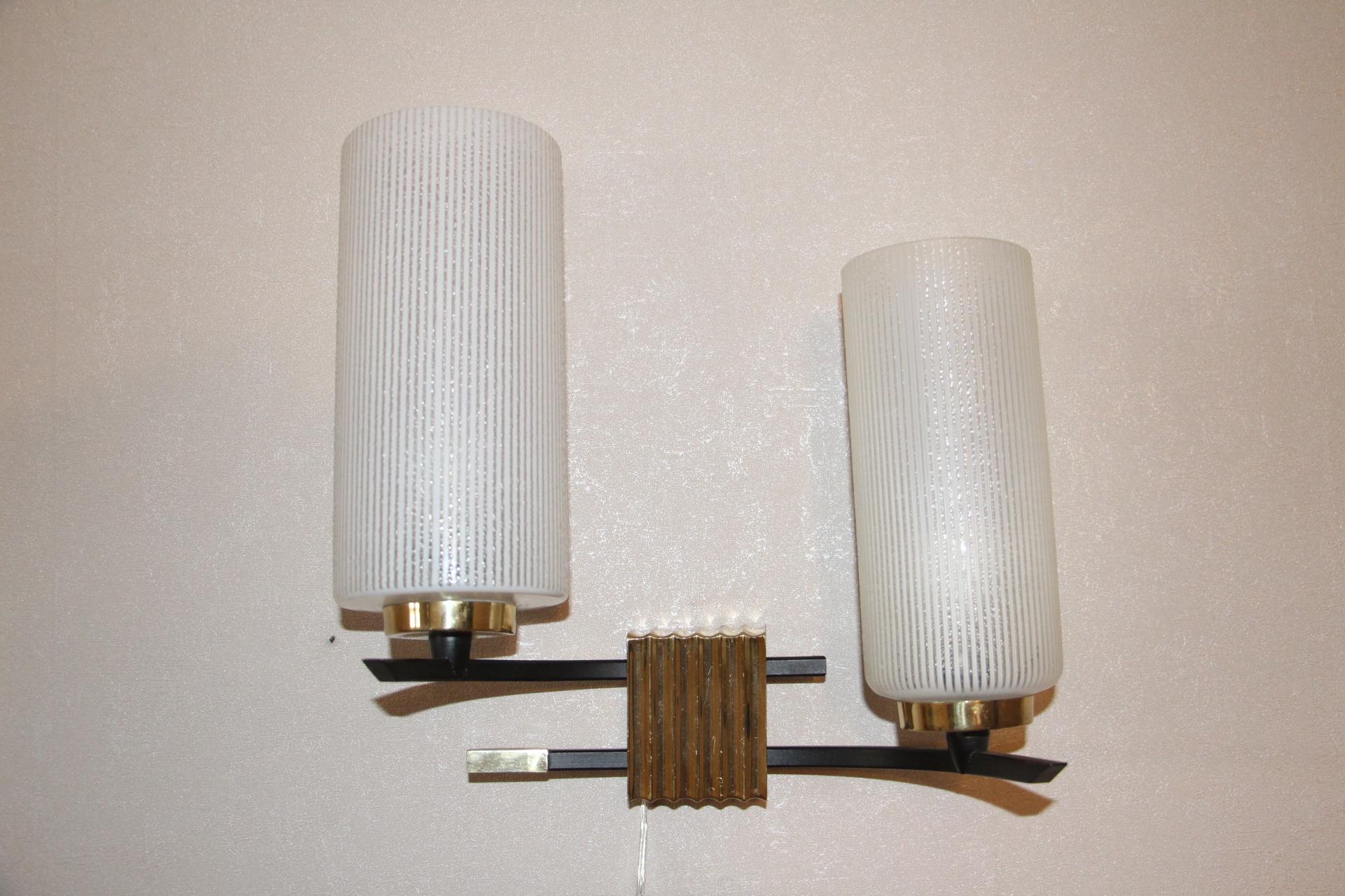 Midcentury French Brass and Opaline Glass Sconces by Maison Arlus, 1950s 2