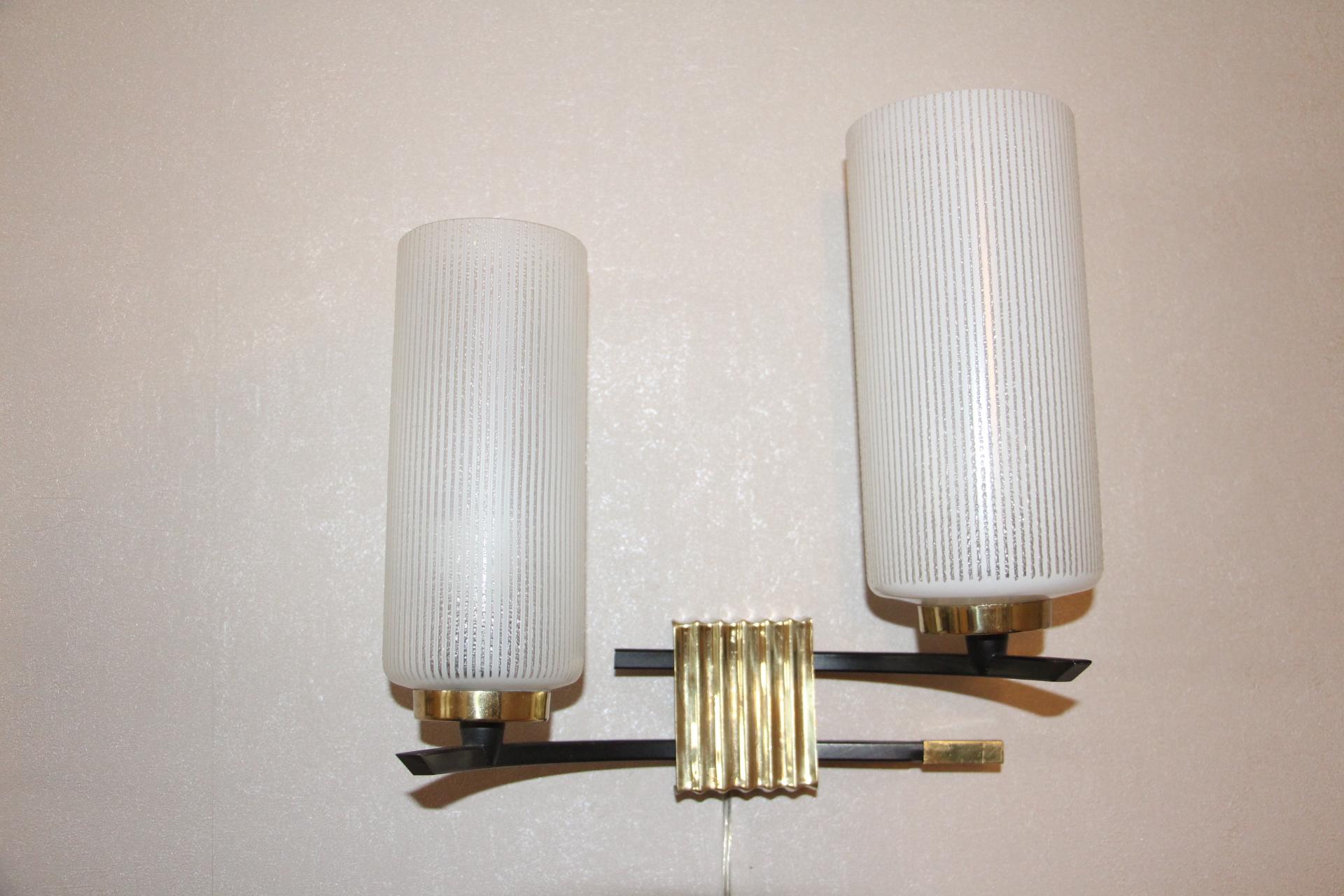 Midcentury French Brass and Opaline Glass Sconces by Maison Arlus, 1950s 3