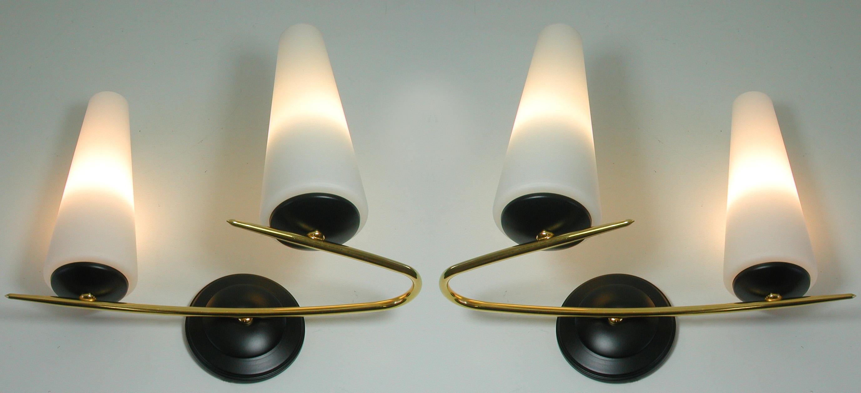 Midcentury French Brass and Opaline Glass Sconces by Maison Arlus, 1950s 4