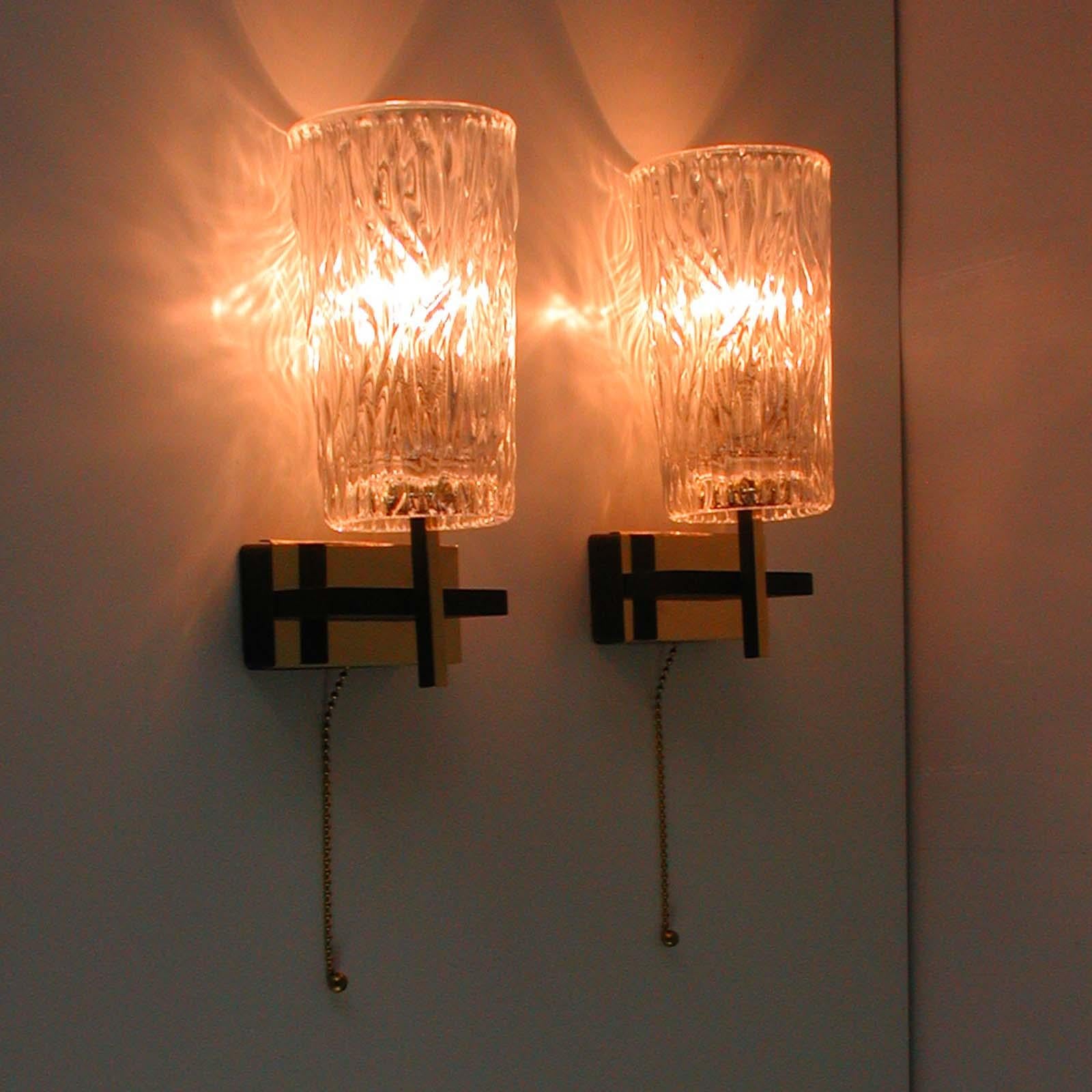 Midcentury French Brass and Textured Glass Sconces by Maison Arlus, 1950s For Sale 8