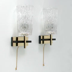 Midcentury French Brass and Textured Glass Sconces by Maison Arlus, 1950s