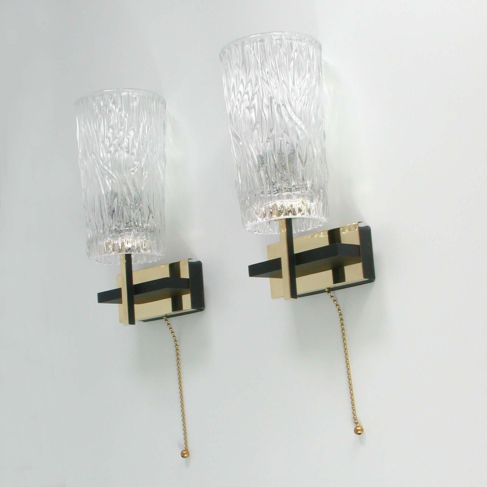 Mid-20th Century Midcentury French Brass and Textured Glass Sconces by Maison Arlus, 1950s For Sale