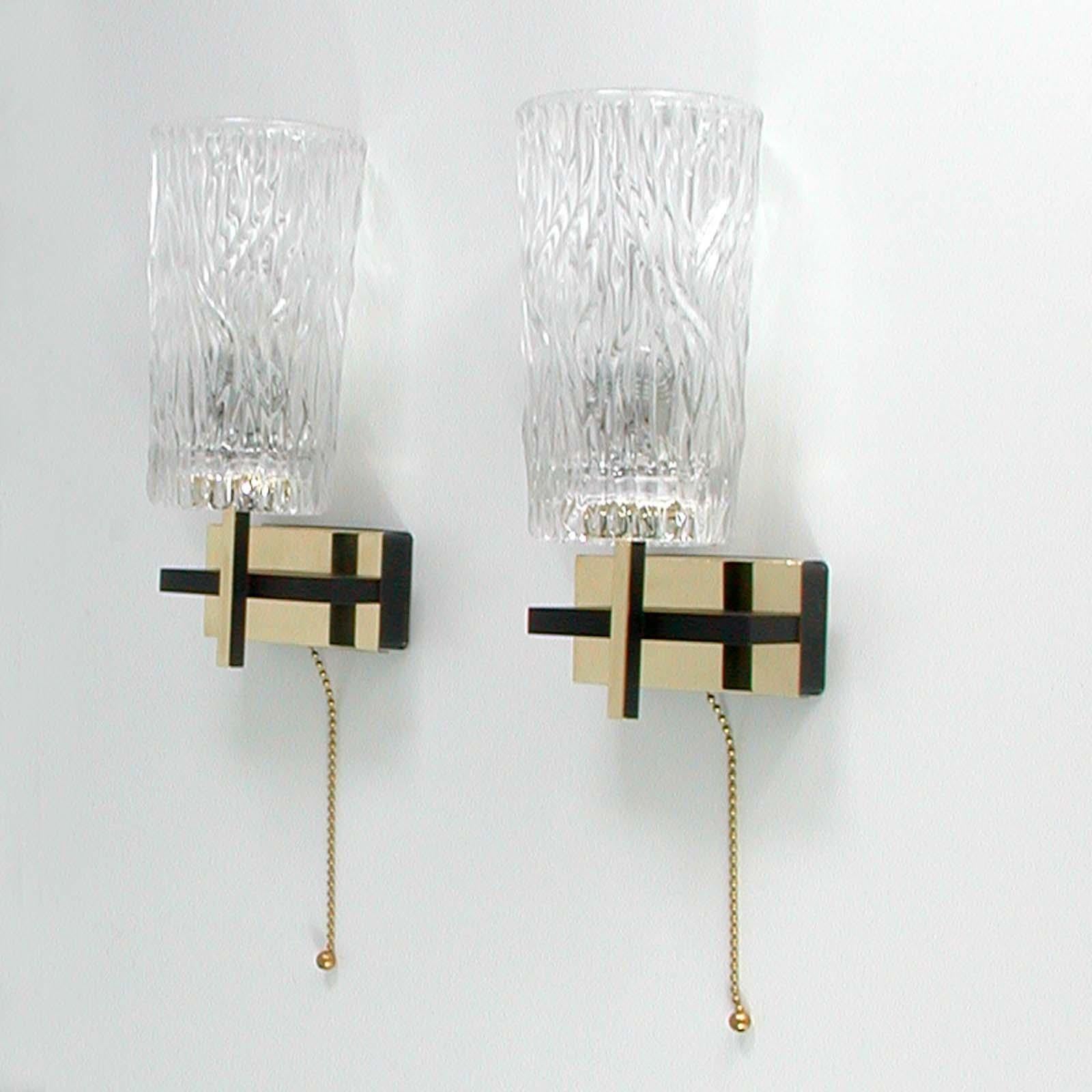 Midcentury French Brass and Textured Glass Sconces by Maison Arlus, 1950s For Sale 1