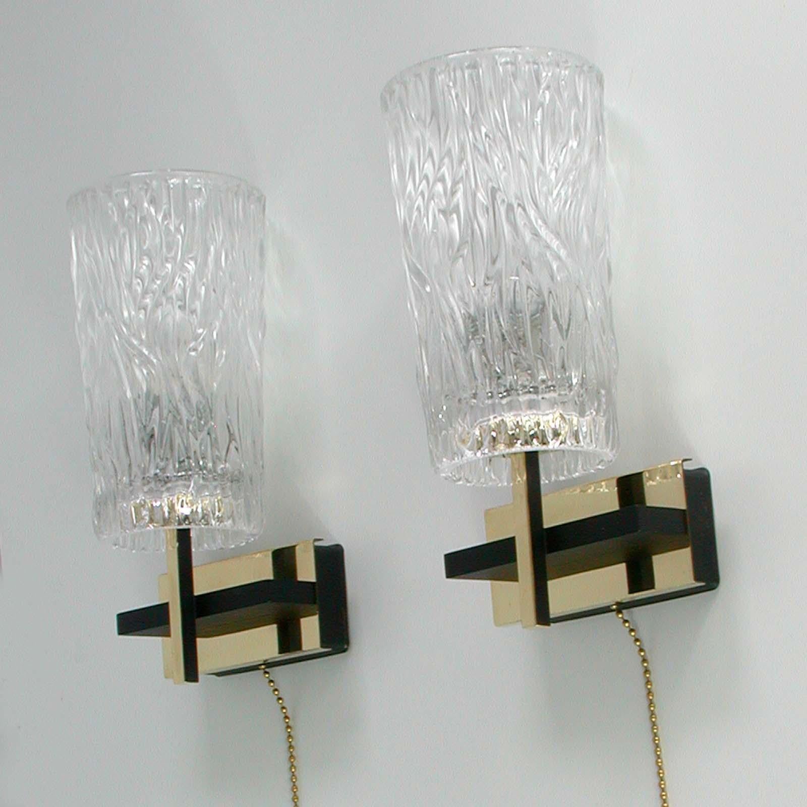 Midcentury French Brass and Textured Glass Sconces by Maison Arlus, 1950s For Sale 3