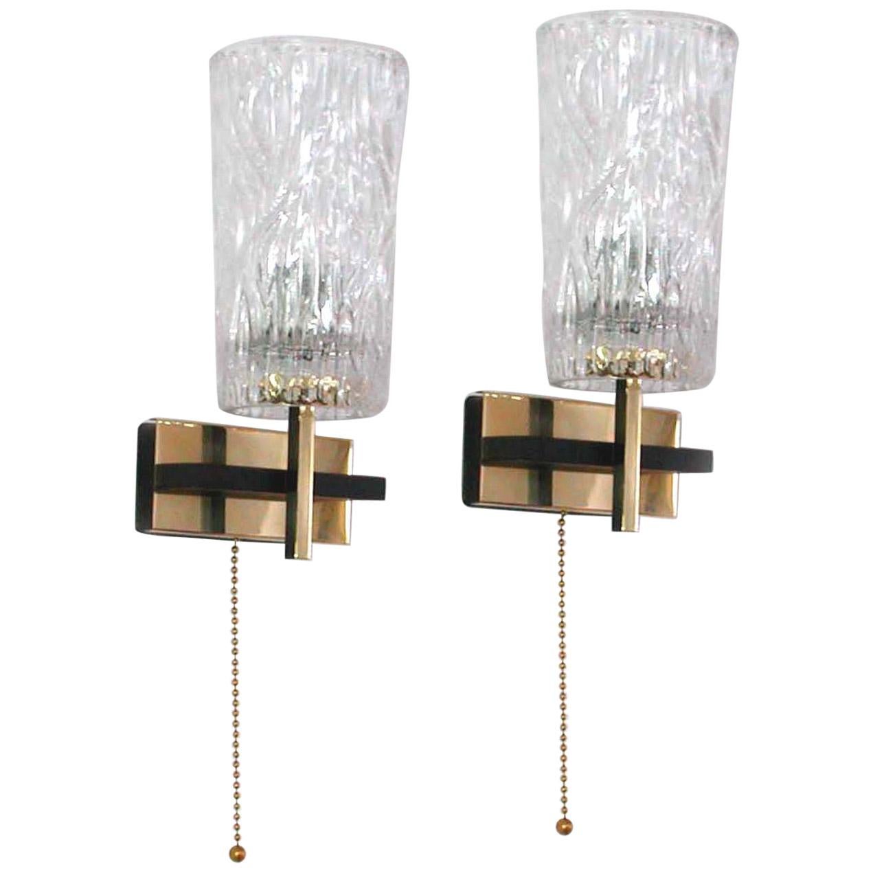 Midcentury French Brass and Textured Glass Sconces by Maison Arlus, 1950s For Sale