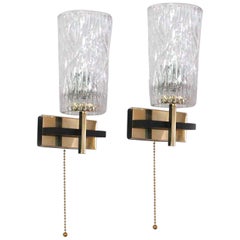 Midcentury French Brass and Textured Glass Sconces by Maison Arlus, 1950s
