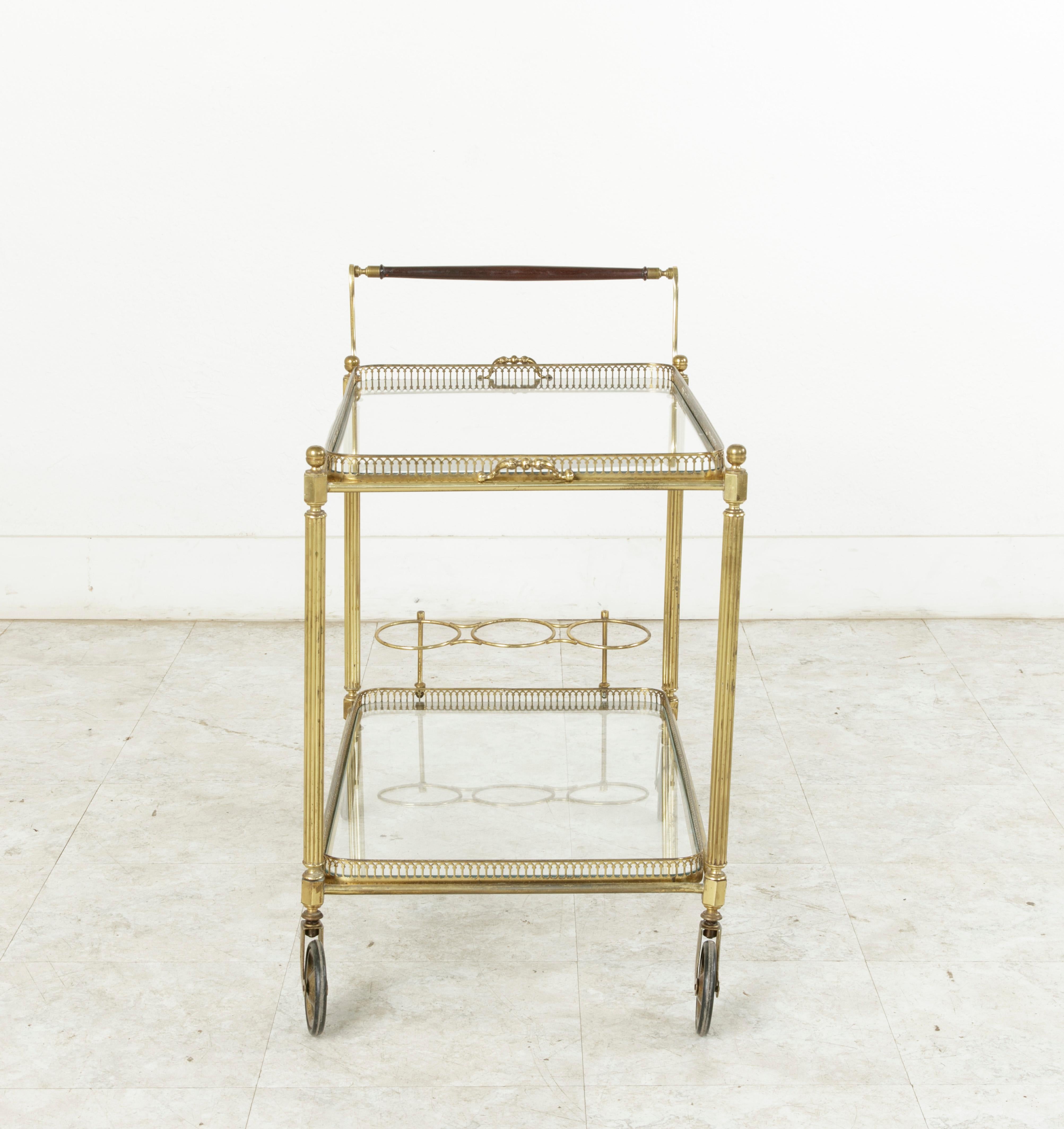 Mid-Century Modern Midcentury French Brass Bar Cart with Mahogany Handle and Removable Tray