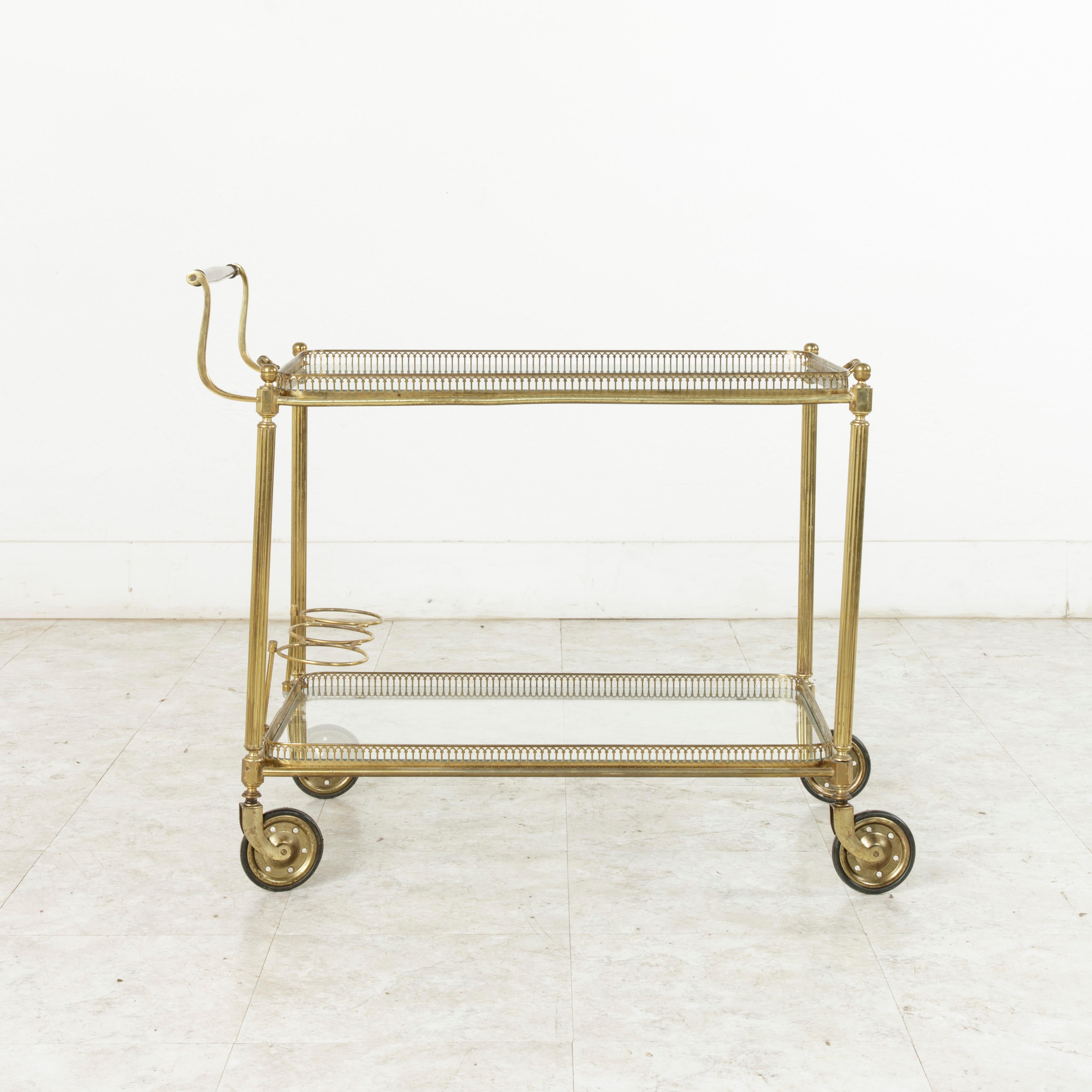 Midcentury French Brass Bar Cart with Mahogany Handle and Removable Tray In Good Condition In Fayetteville, AR