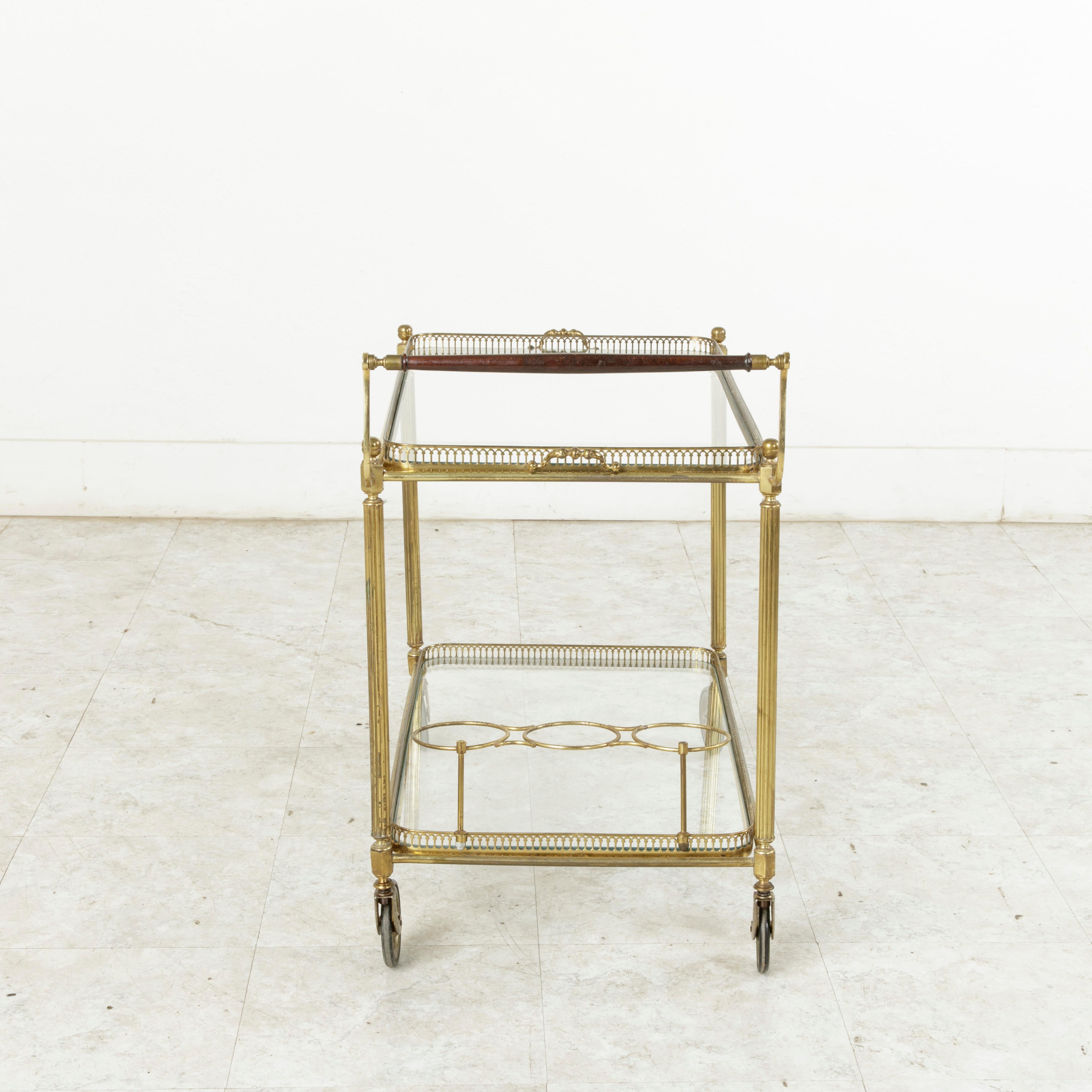 20th Century Midcentury French Brass Bar Cart with Mahogany Handle and Removable Tray