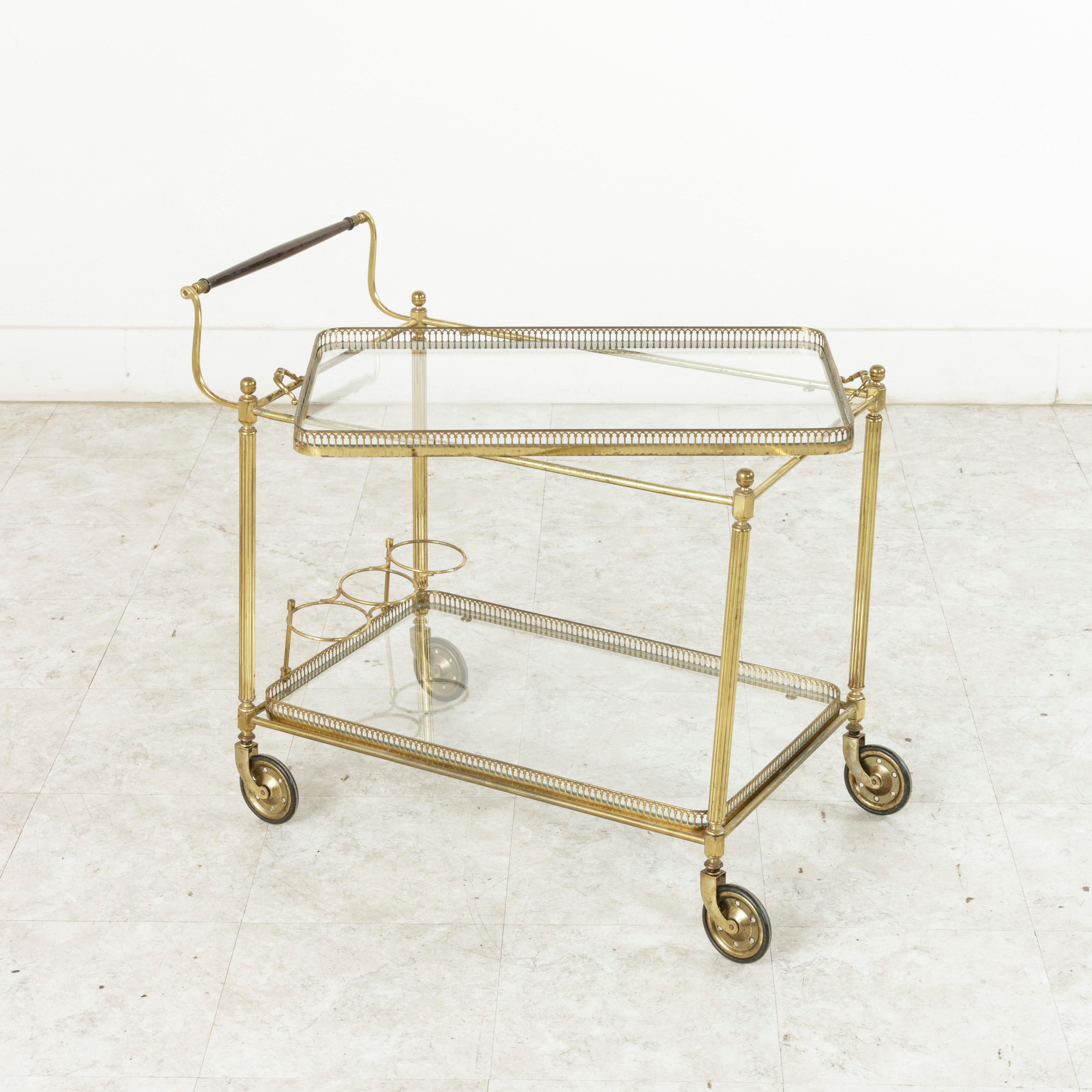 Midcentury French Brass Bar Cart with Mahogany Handle and Removable Tray 2