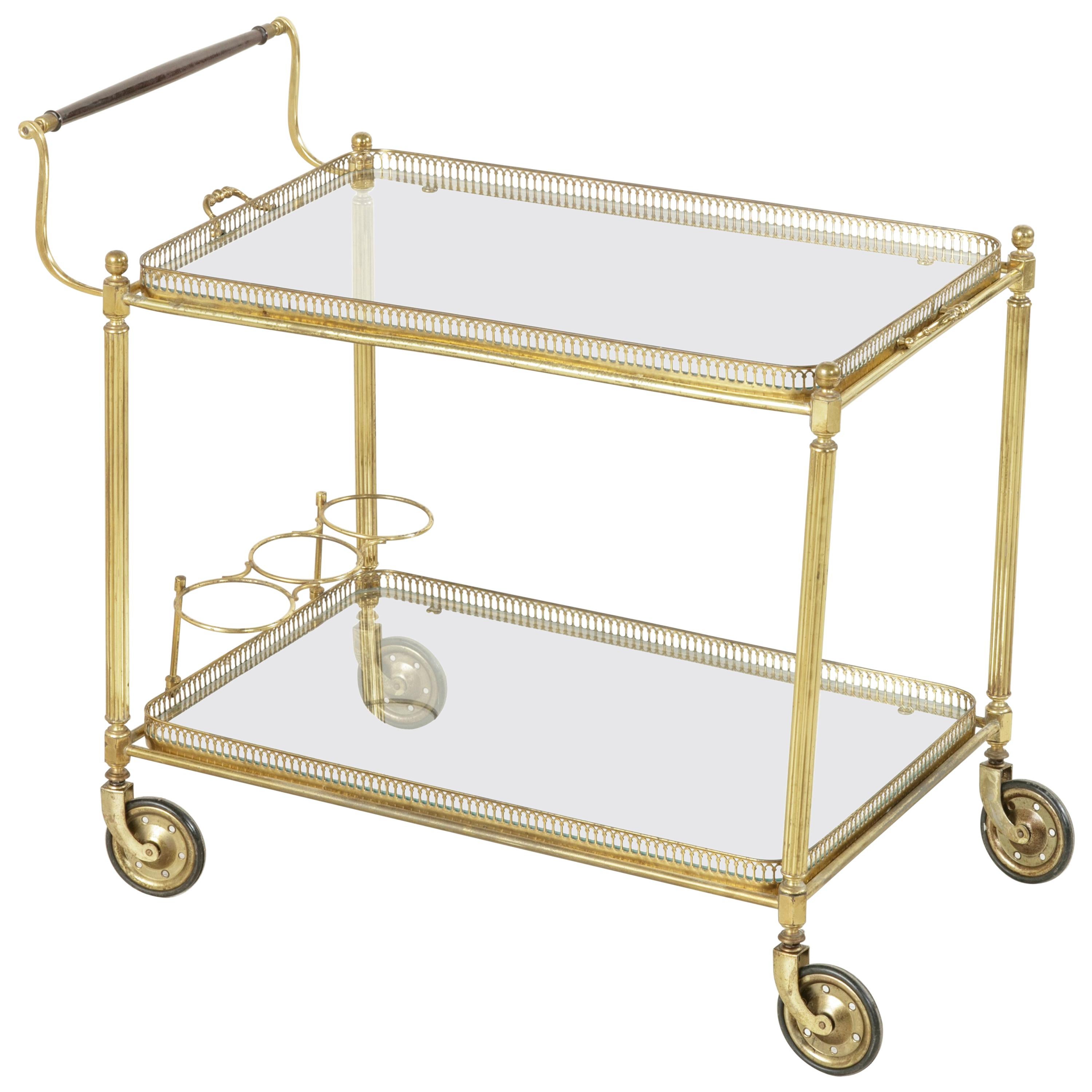 Midcentury French Brass Bar Cart with Mahogany Handle and Removable Tray