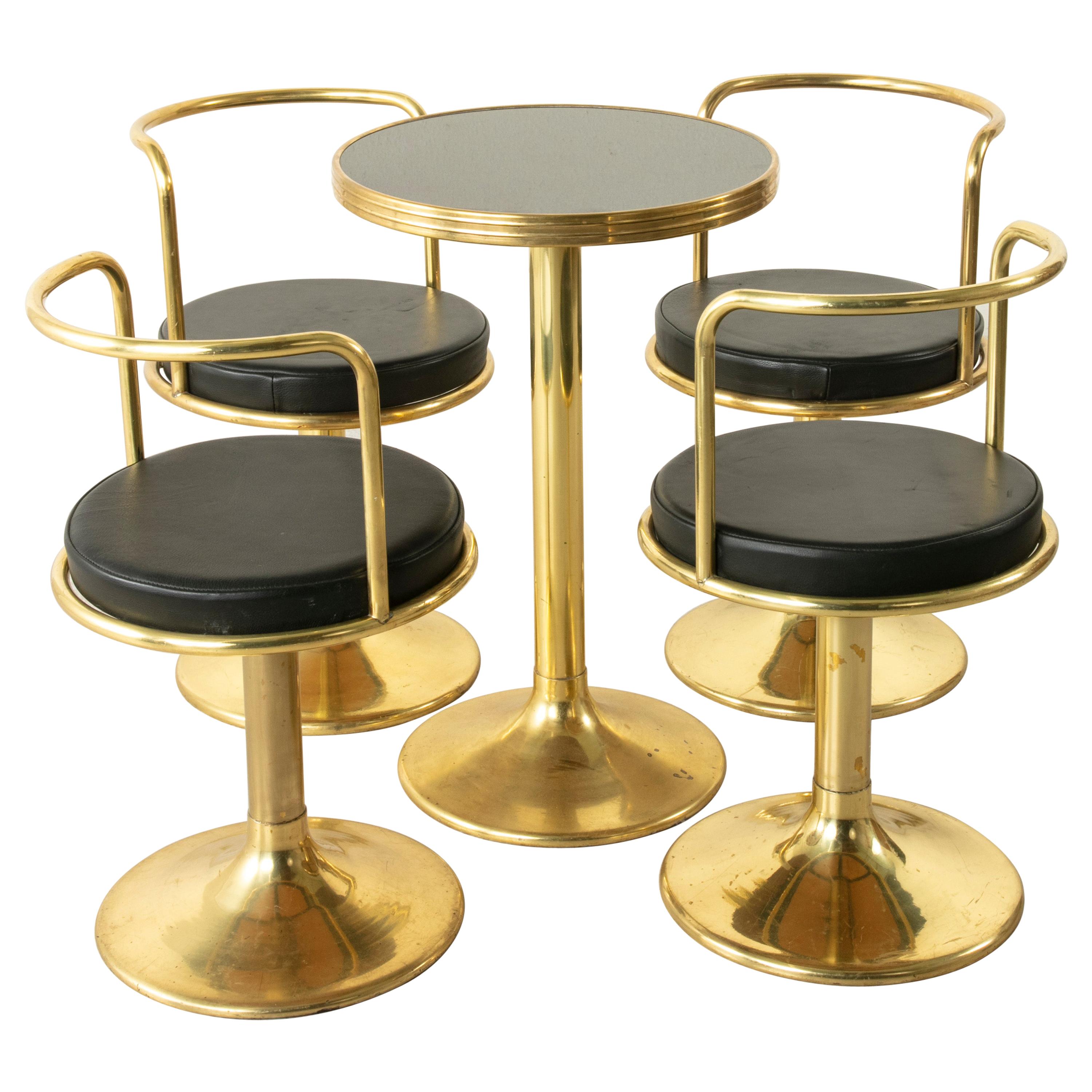Midcentury French Brass Bistro Set with Black Marble-Top Table and Four Chairs