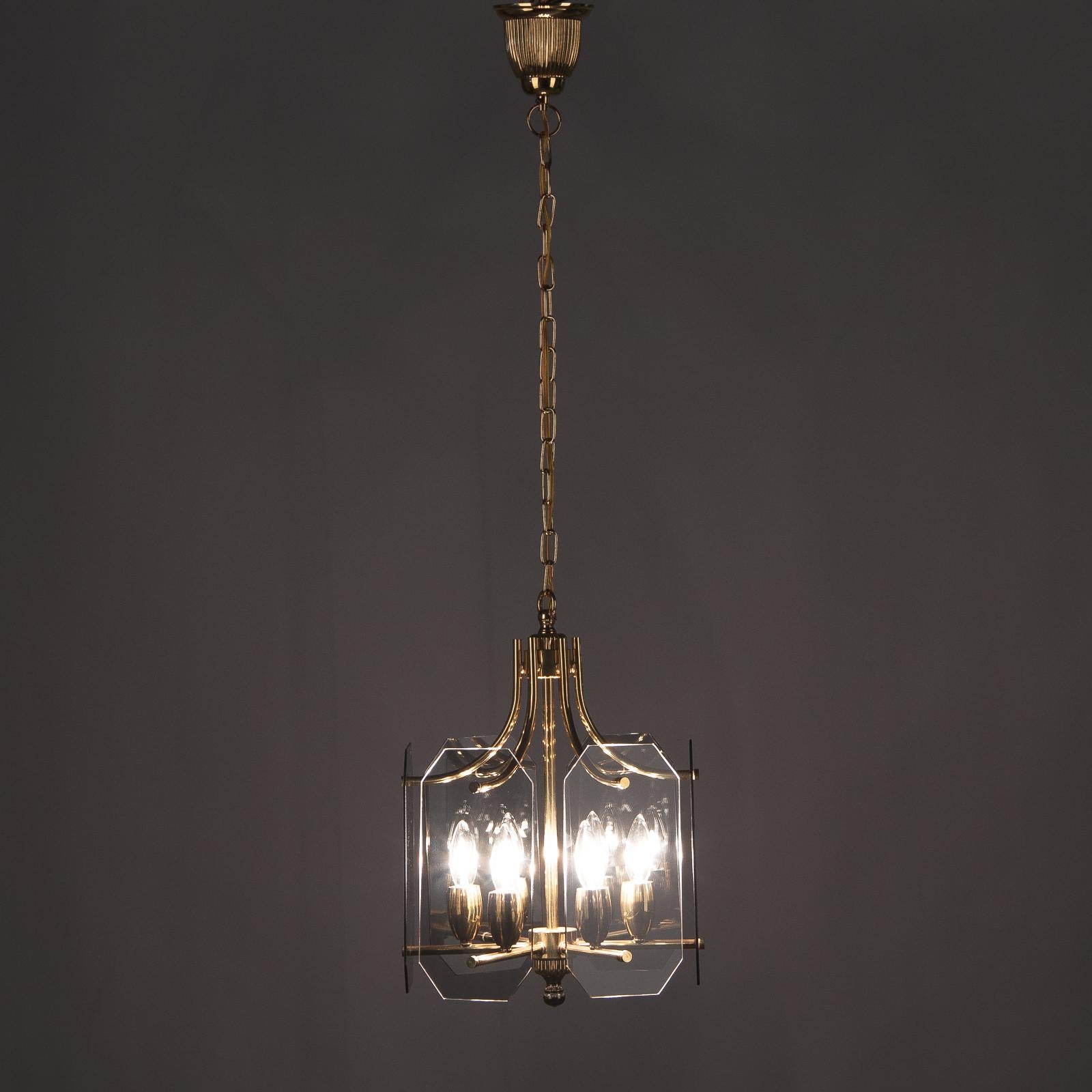 Midcentury French Brass Chandelier with Smoked Glass Panels, 1960s 3