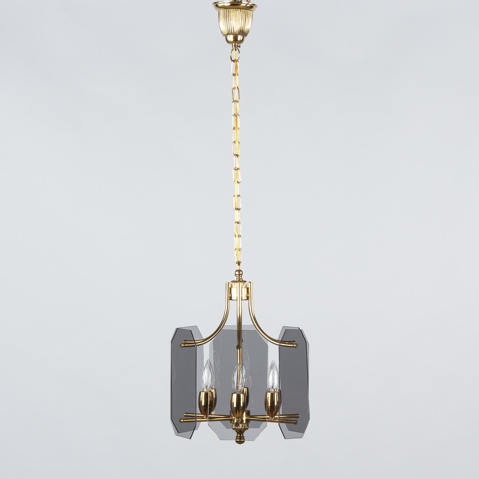 Midcentury French Brass Chandelier with Smoked Glass Panels, 1960s 4