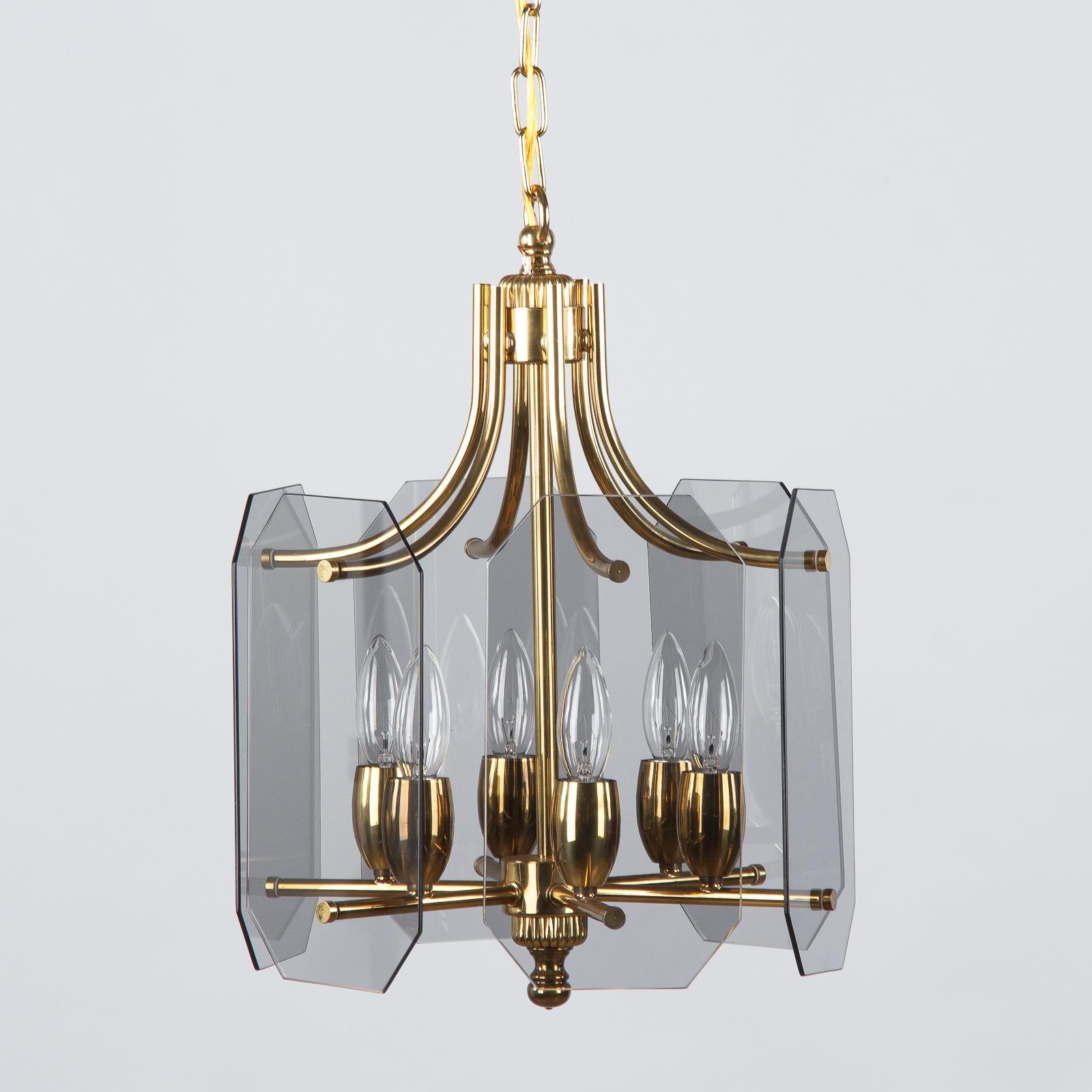 Midcentury French Brass Chandelier with Smoked Glass Panels, 1960s 5
