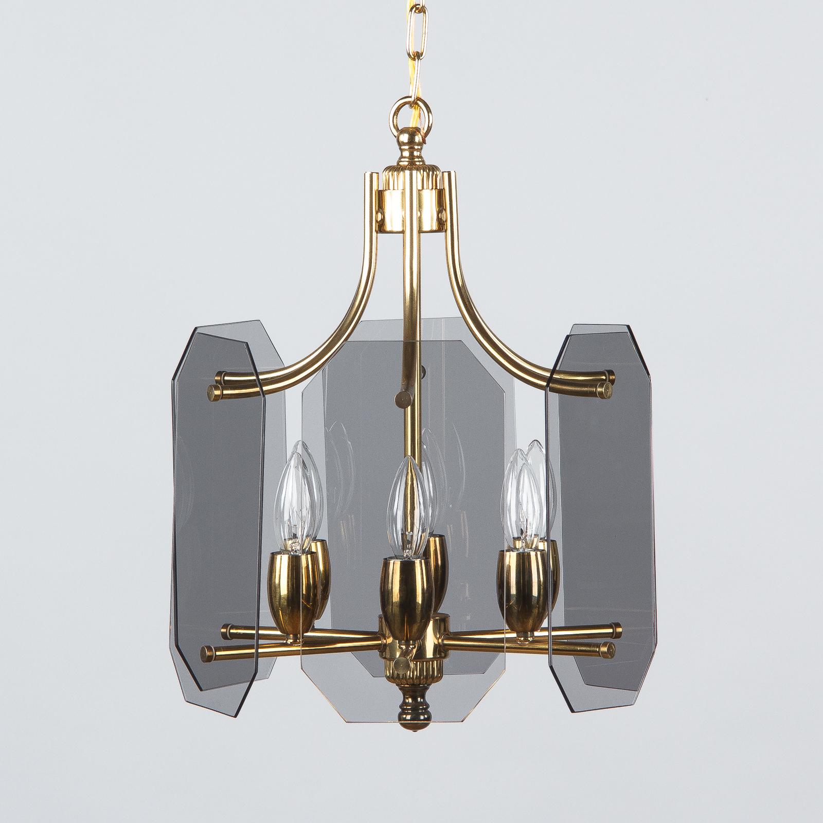 Midcentury French Brass Chandelier with Smoked Glass Panels, 1960s 6