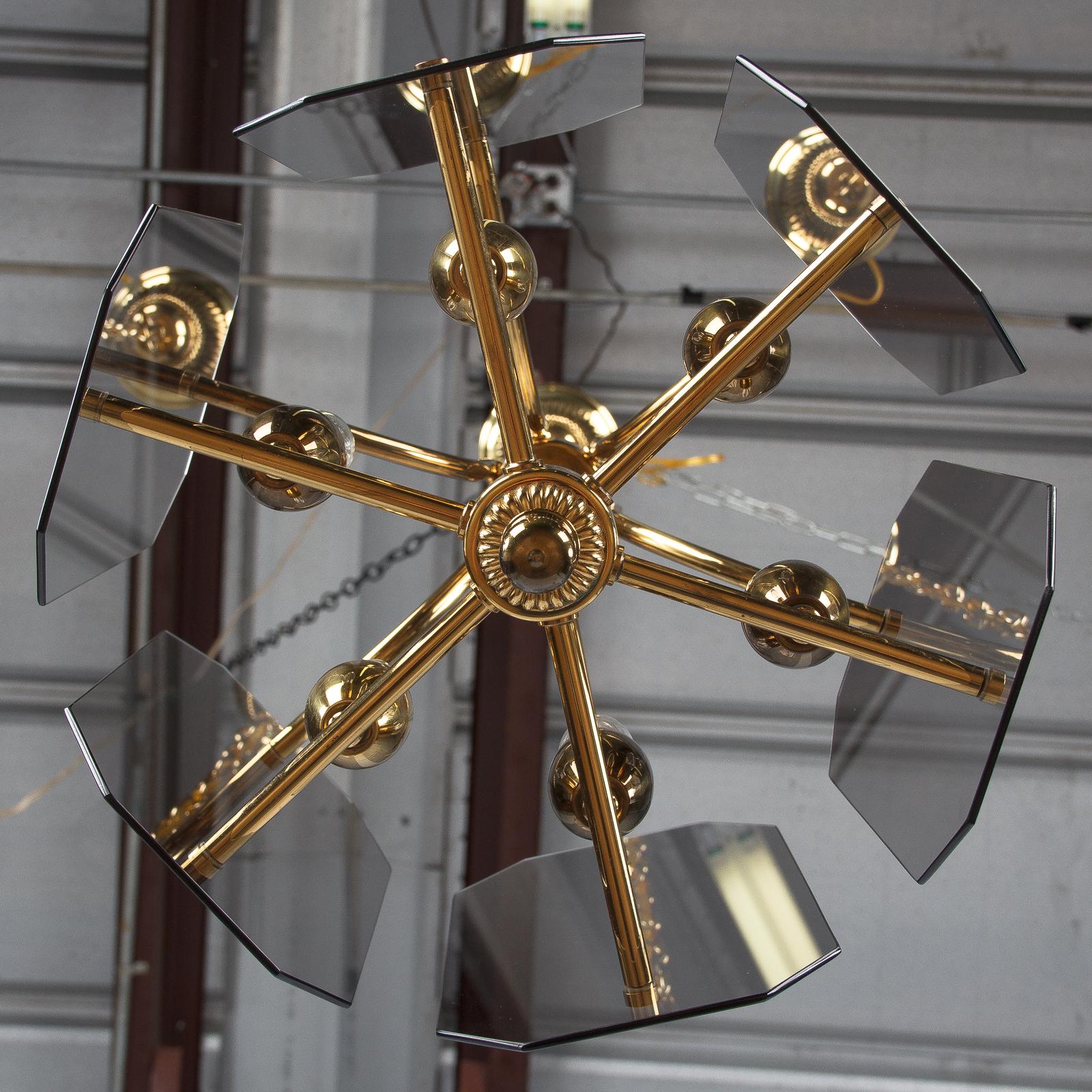 Midcentury French Brass Chandelier with Smoked Glass Panels, 1960s 9