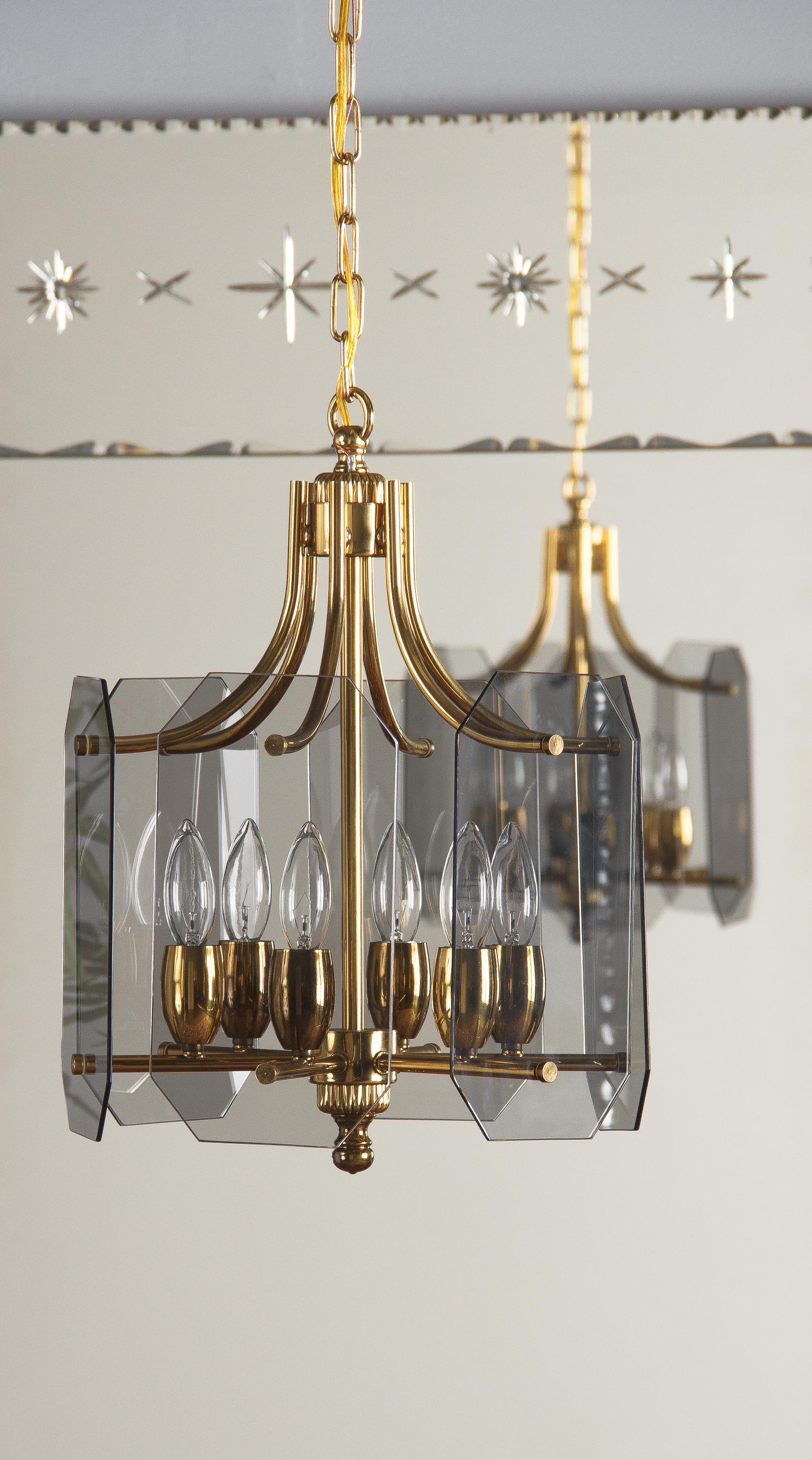 Glass Chandelier Panel Light Smoked Tint Beveled Pane Vintage Mid Century Modern 