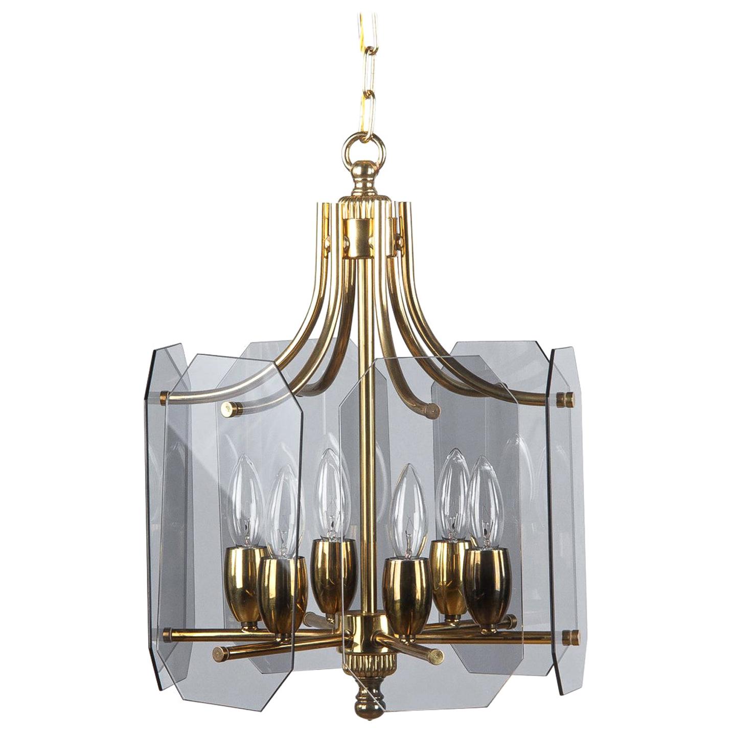Distinctive Brass Etched Glass Chandelier, France 60s Distinctive Brass Etched Glass Chandelier, France 60s
