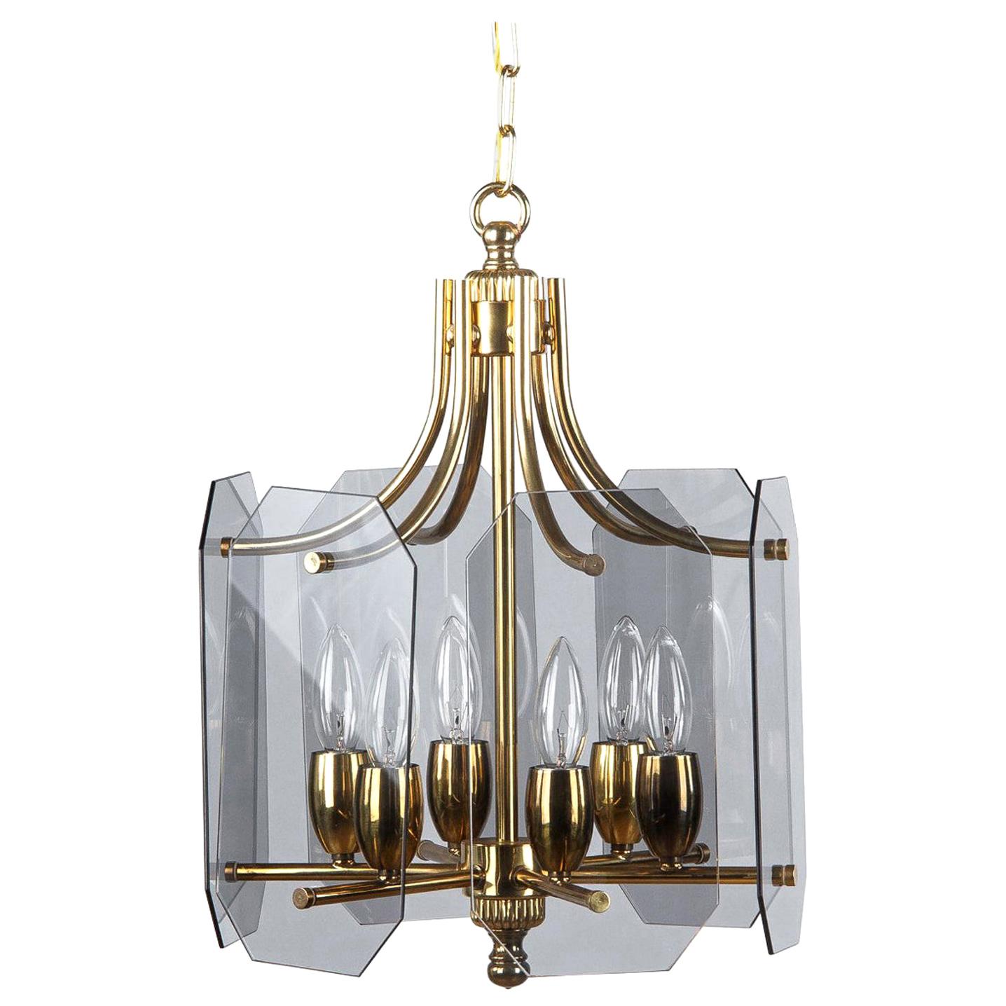 Midcentury French Brass Chandelier with Smoked Glass Panels, 1960s