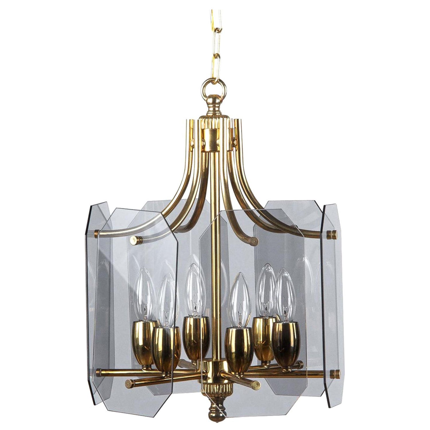 Midcentury French Brass Chandelier with Smoked Glass Panels, 1960s at  1stDibs
