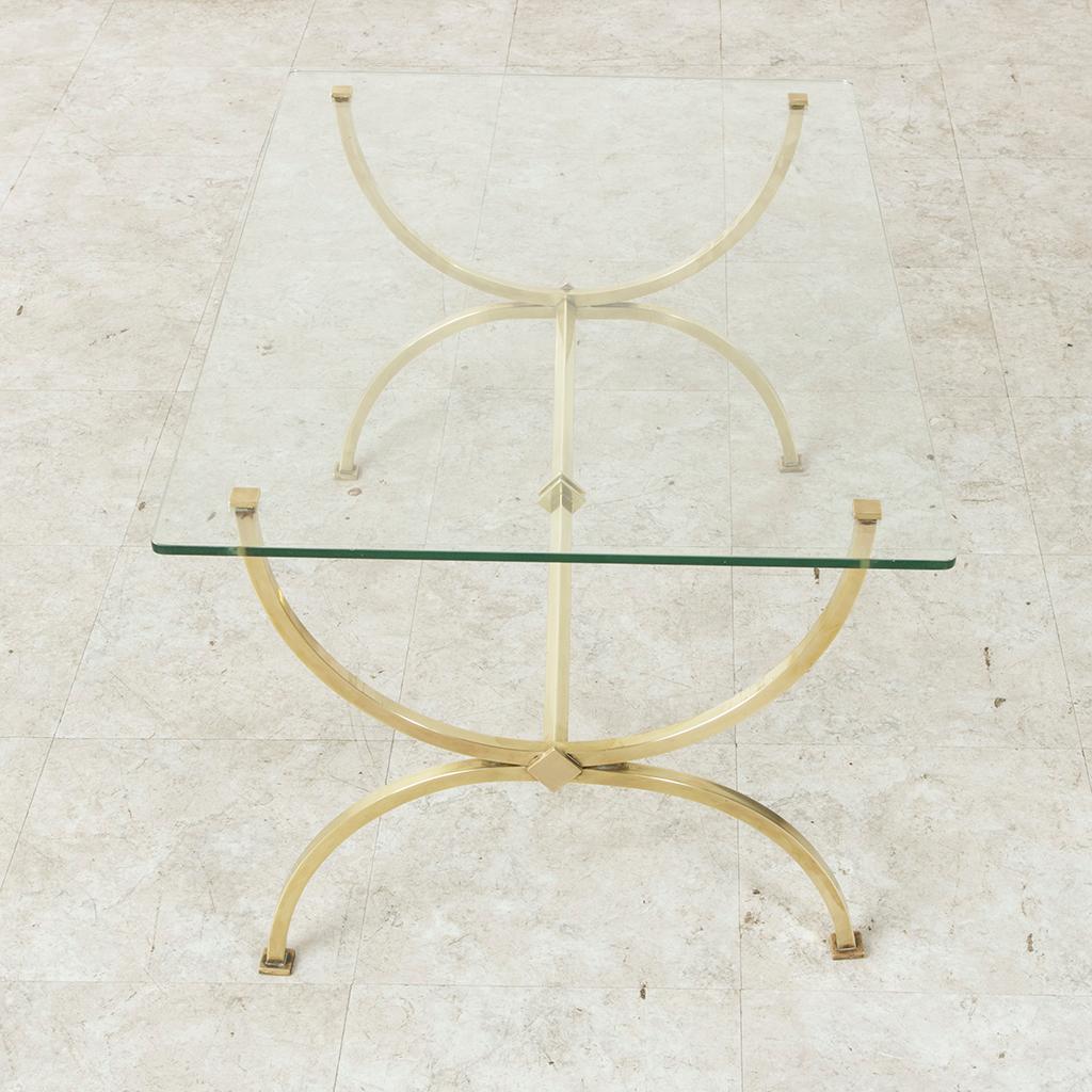 Midcentury French Brass Coffee Table or Cocktail Table with Glass Top In Good Condition In Fayetteville, AR