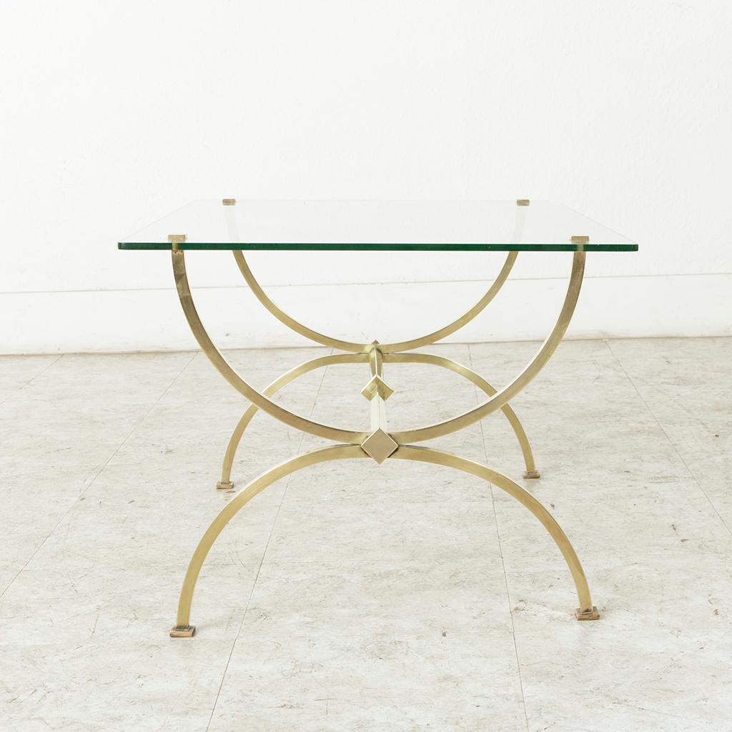 20th Century Midcentury French Brass Coffee Table or Cocktail Table with Glass Top