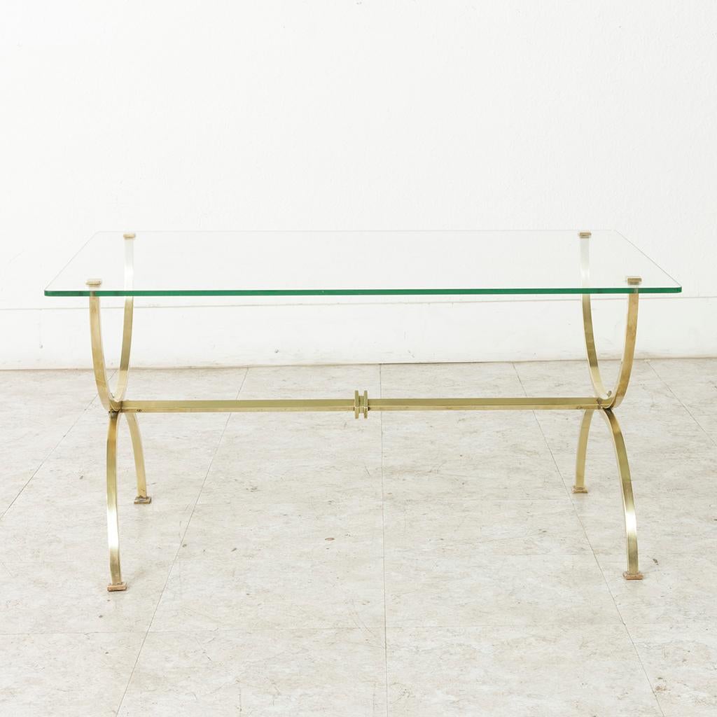 Midcentury French Brass Coffee Table or Cocktail Table with Glass Top 1