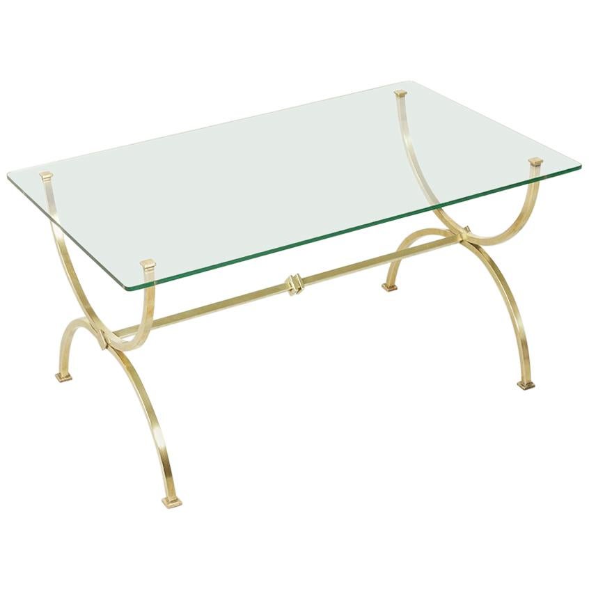 Midcentury French Brass Coffee Table or Cocktail Table with Glass Top
