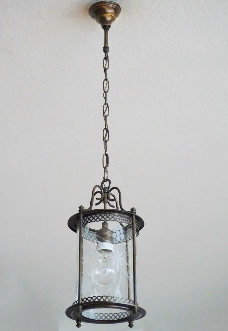 20th Century Midcentury French Brass Cut Glass Cylindrical Lantern