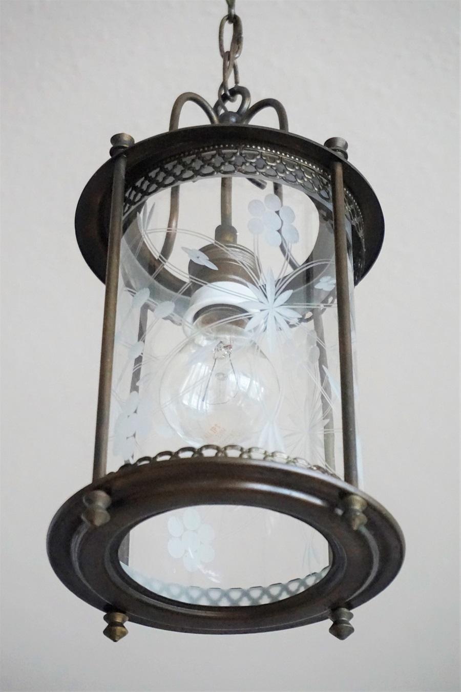 Midcentury French Brass Cut Glass Cylindrical Lantern 1