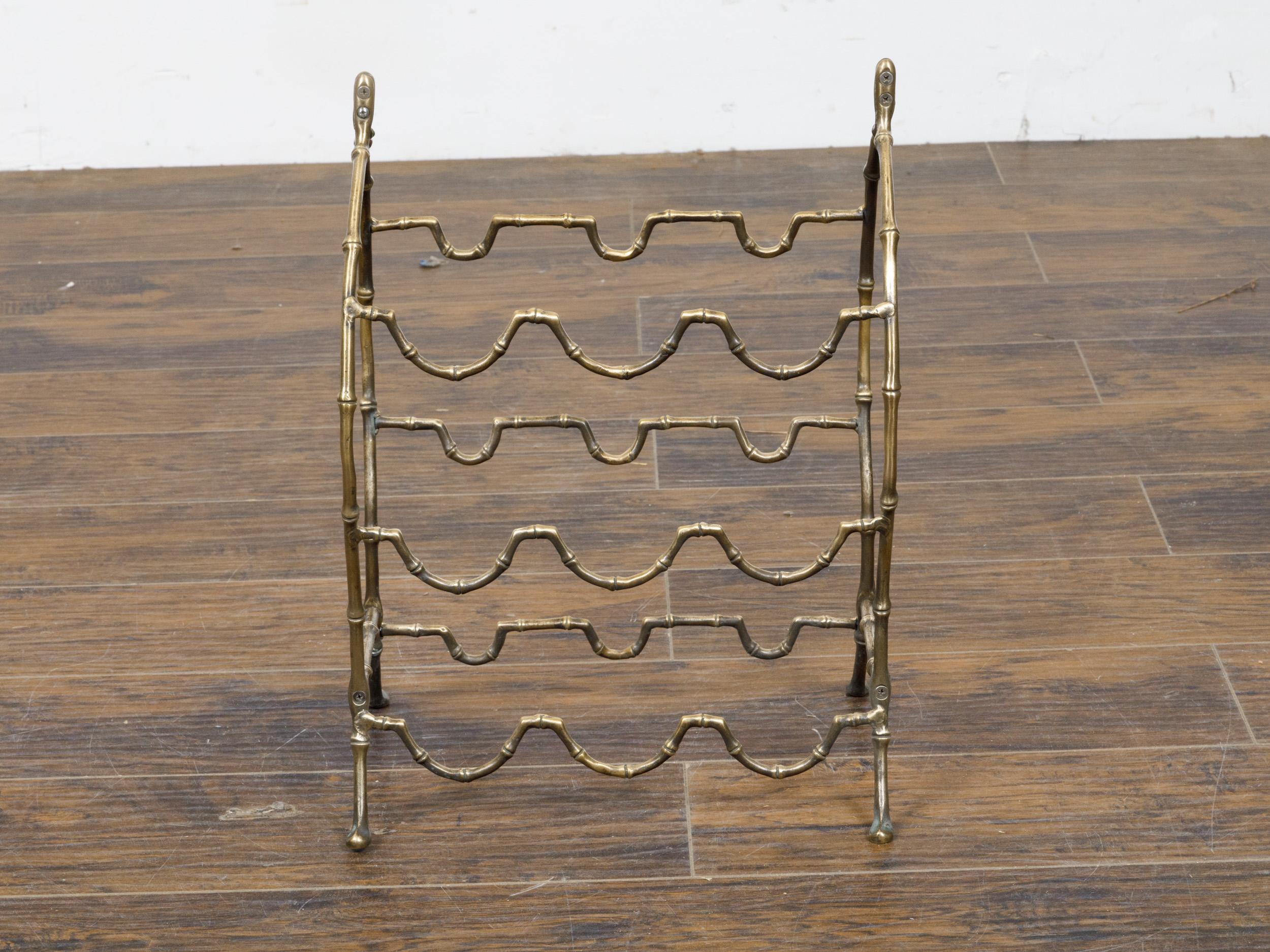 Midcentury French Brass Faux Bamboo Wine Rack with Arching Motifs and Pad Feet For Sale 7
