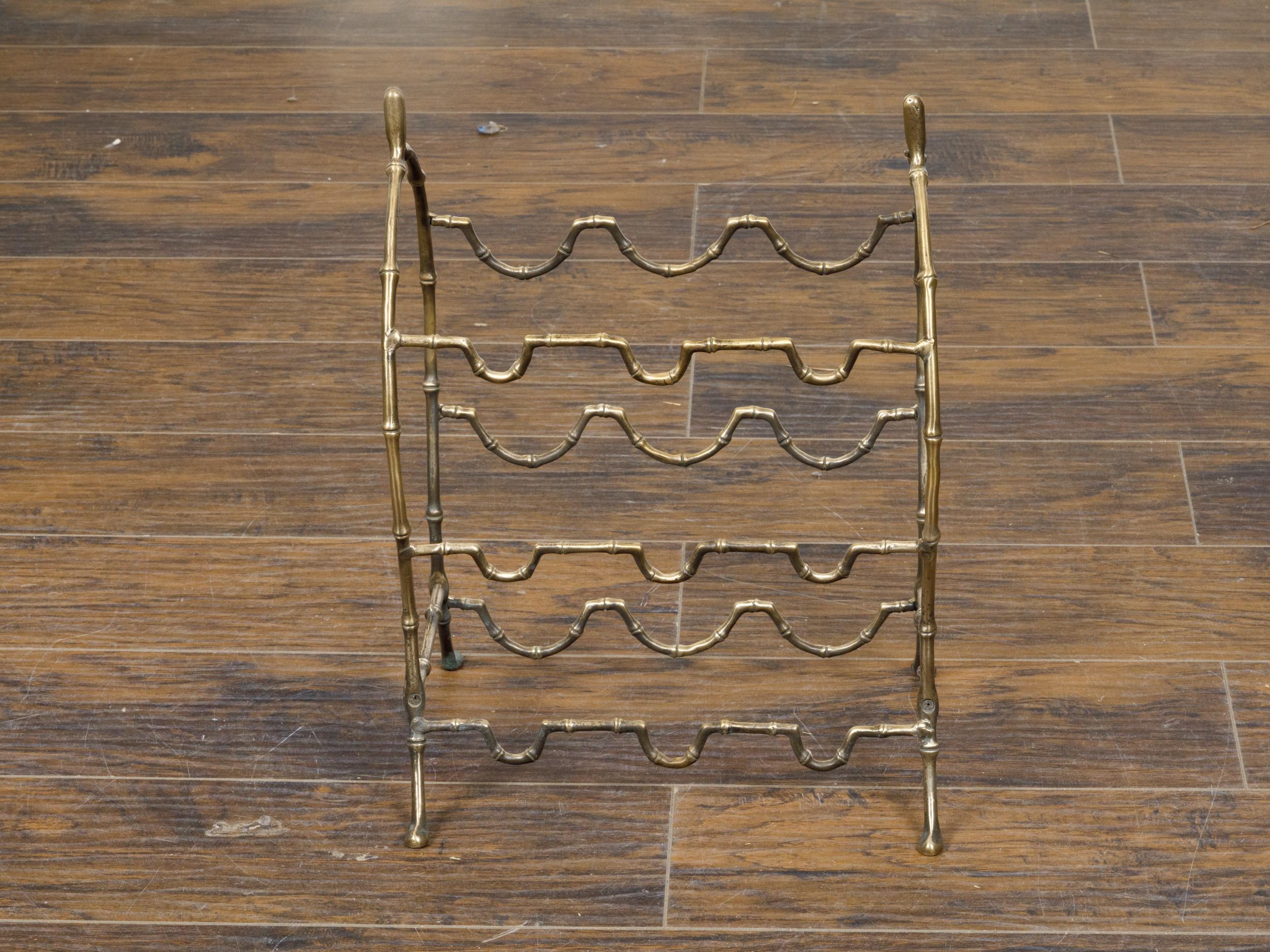 Midcentury French Brass Faux Bamboo Wine Rack with Arching Motifs and Pad Feet In Good Condition For Sale In Atlanta, GA