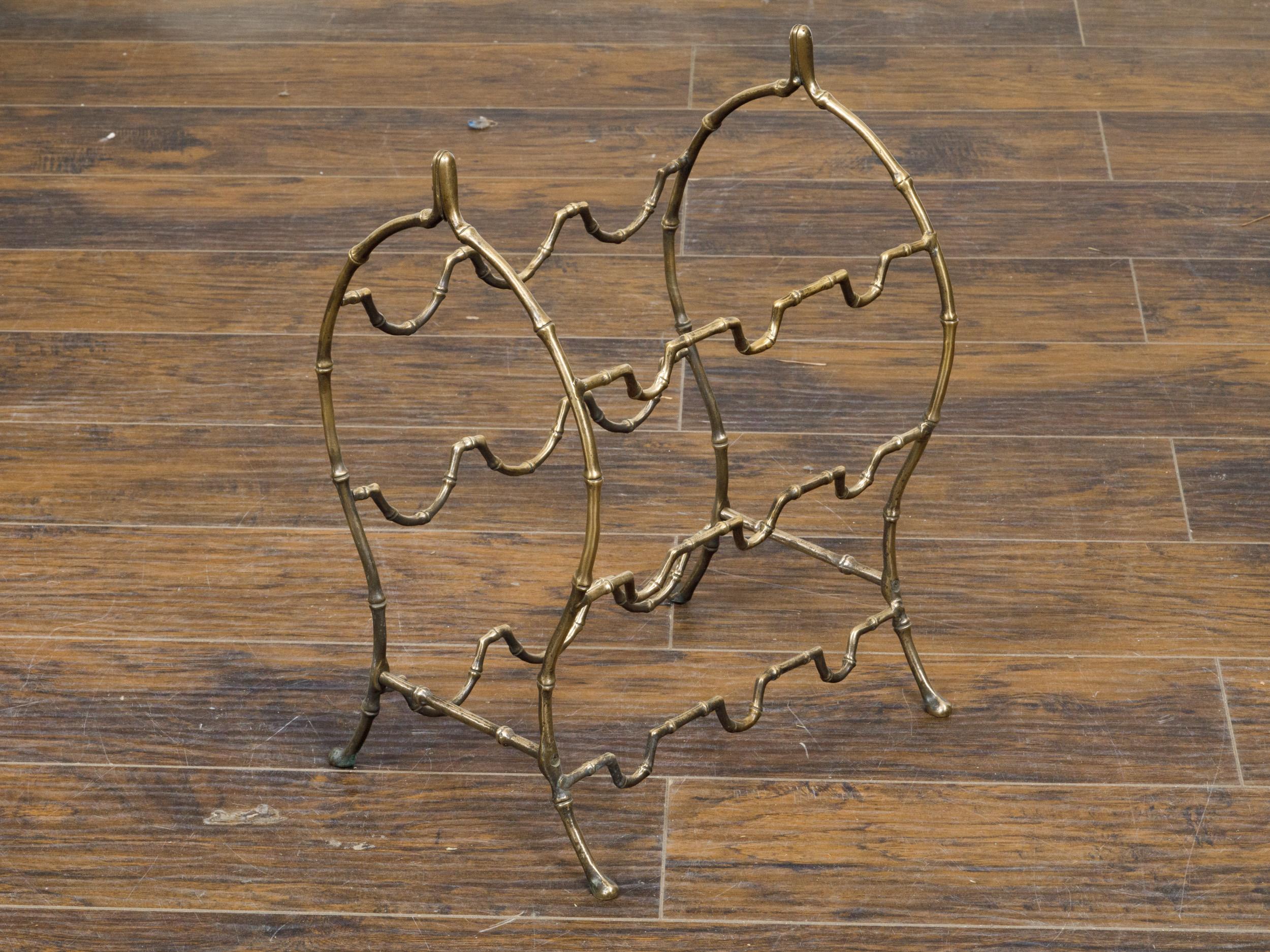 20th Century Midcentury French Brass Faux Bamboo Wine Rack with Arching Motifs and Pad Feet For Sale