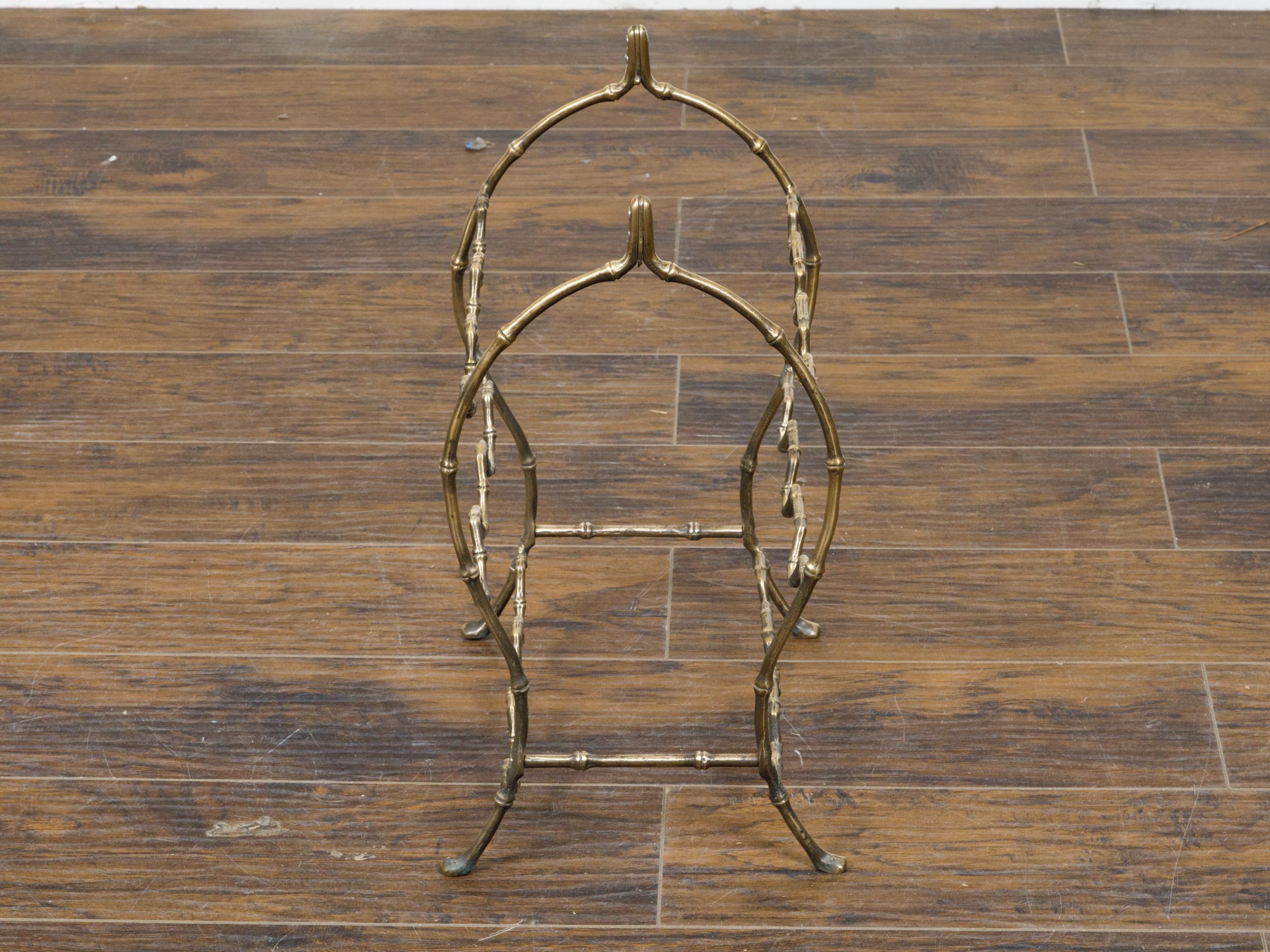 Midcentury French Brass Faux Bamboo Wine Rack with Arching Motifs and Pad Feet For Sale 1