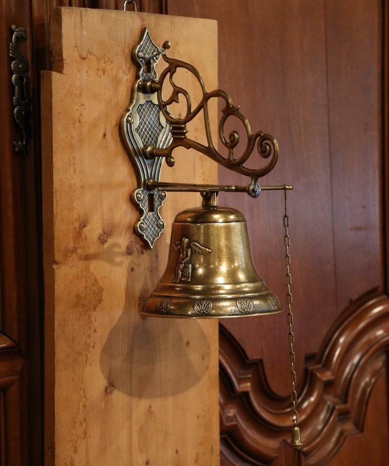Midcentury French Brass Hanging Bell with Chain and Wall Bracket at 1stDibs