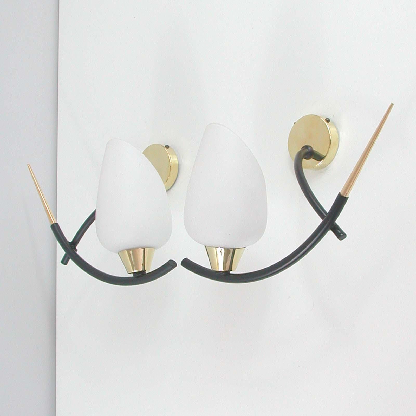 Midcentury French Brass & Opaline Glass Sconces by Maison Arlus, 1950s For Sale 4