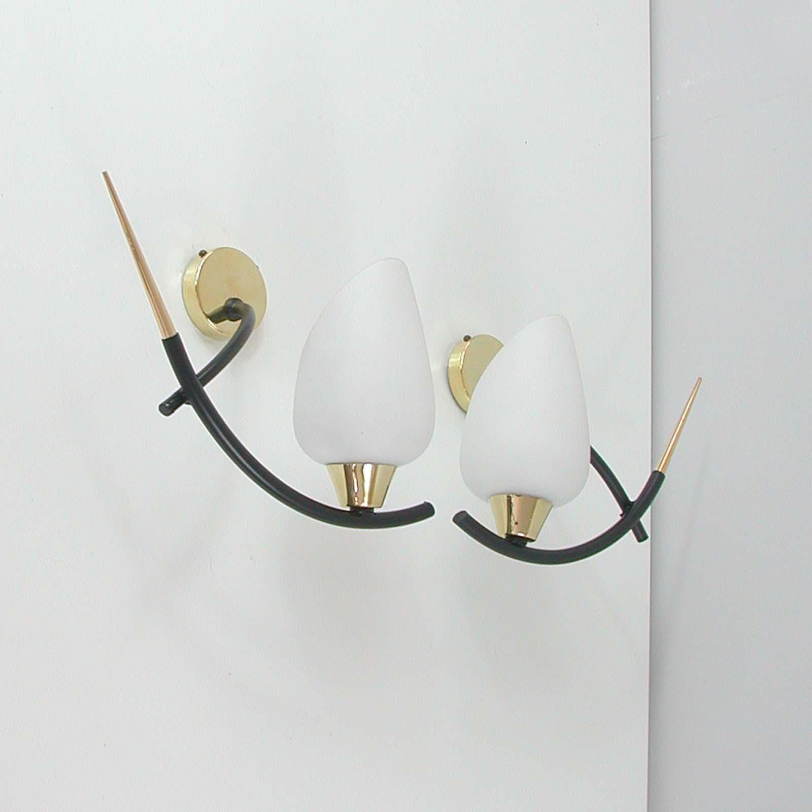 Midcentury French Brass & Opaline Glass Sconces by Maison Arlus, 1950s For Sale 5