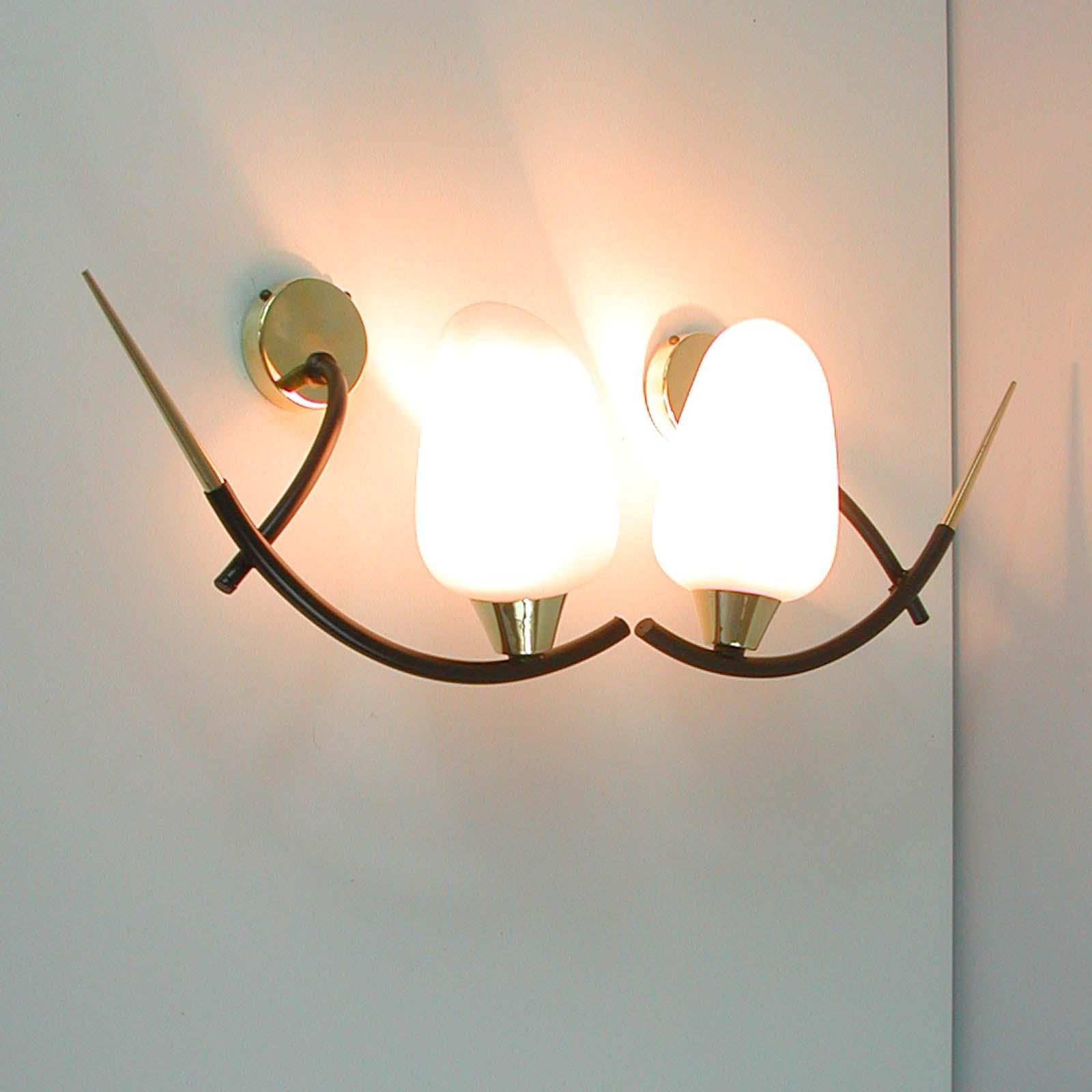 Midcentury French Brass & Opaline Glass Sconces by Maison Arlus, 1950s For Sale 6
