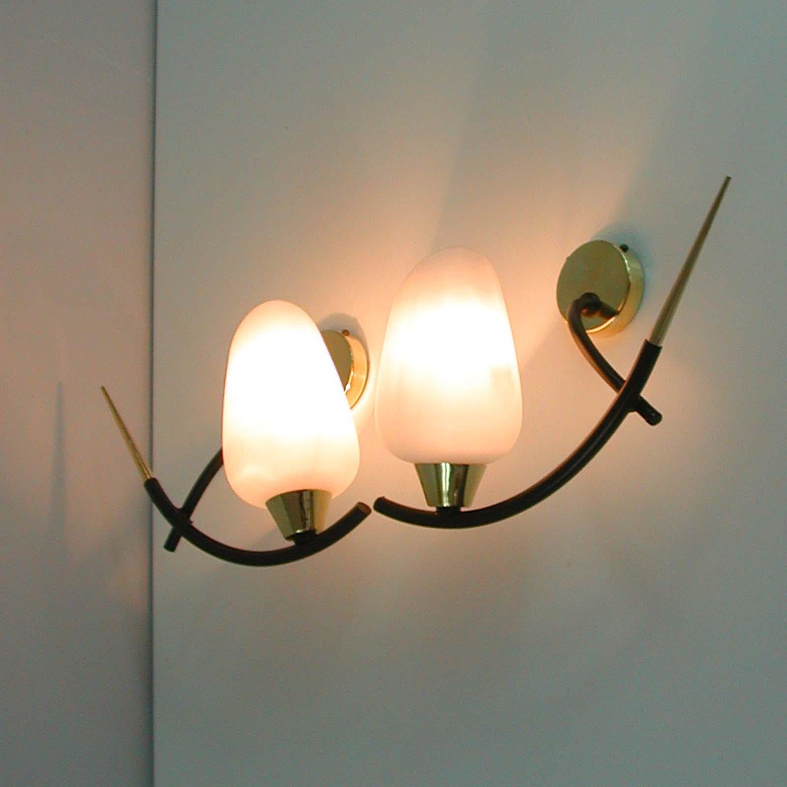 Midcentury French Brass & Opaline Glass Sconces by Maison Arlus, 1950s For Sale 7