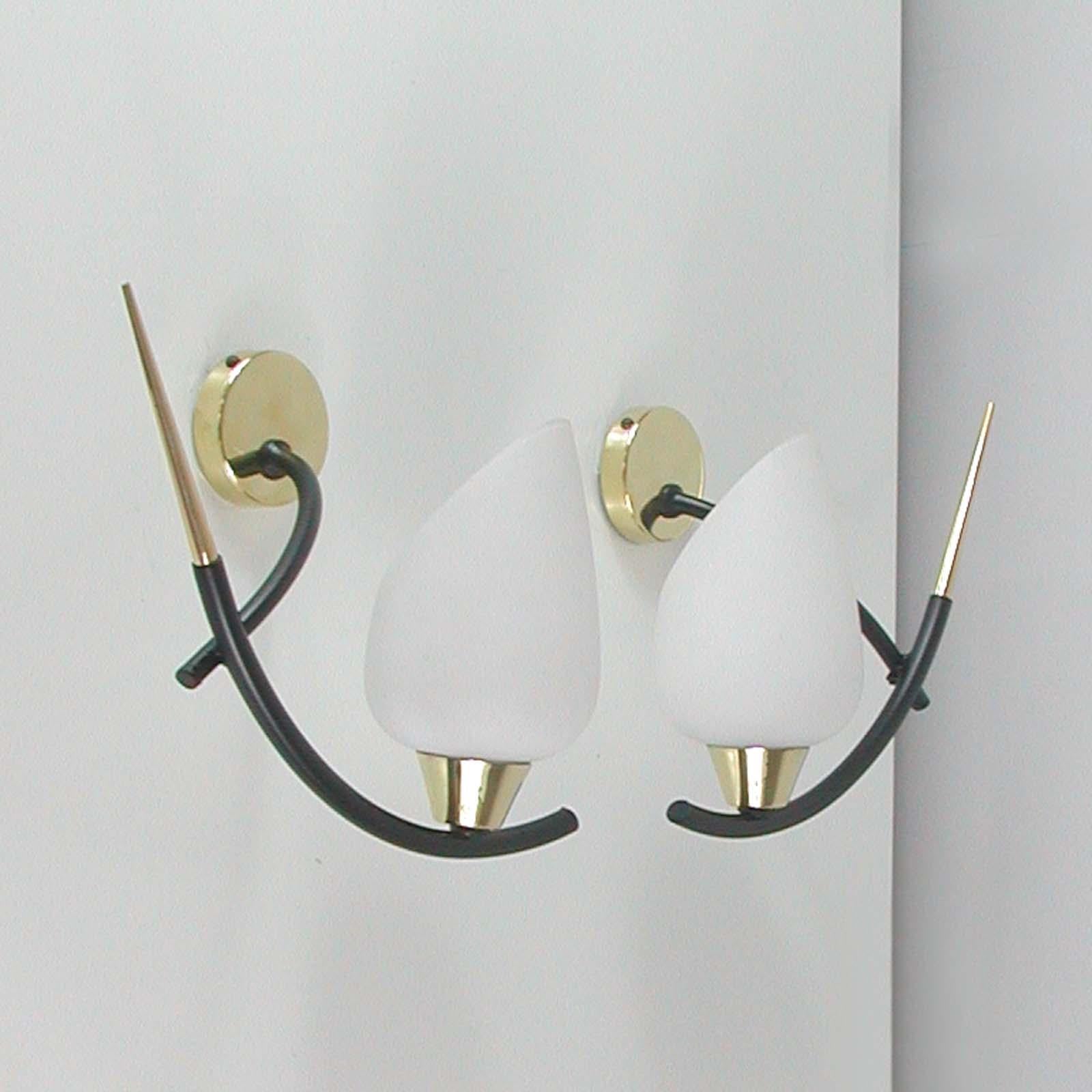 Midcentury French Brass & Opaline Glass Sconces by Maison Arlus, 1950s 9