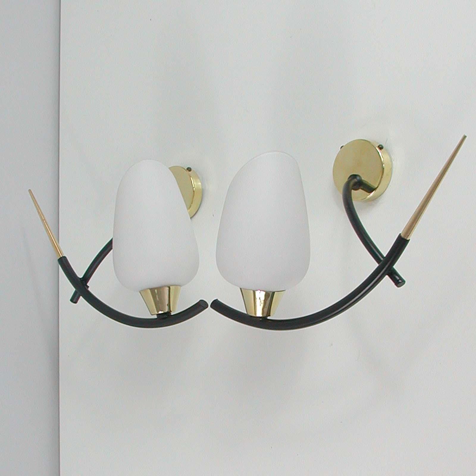 Midcentury French Brass & Opaline Glass Sconces by Maison Arlus, 1950s For Sale 9