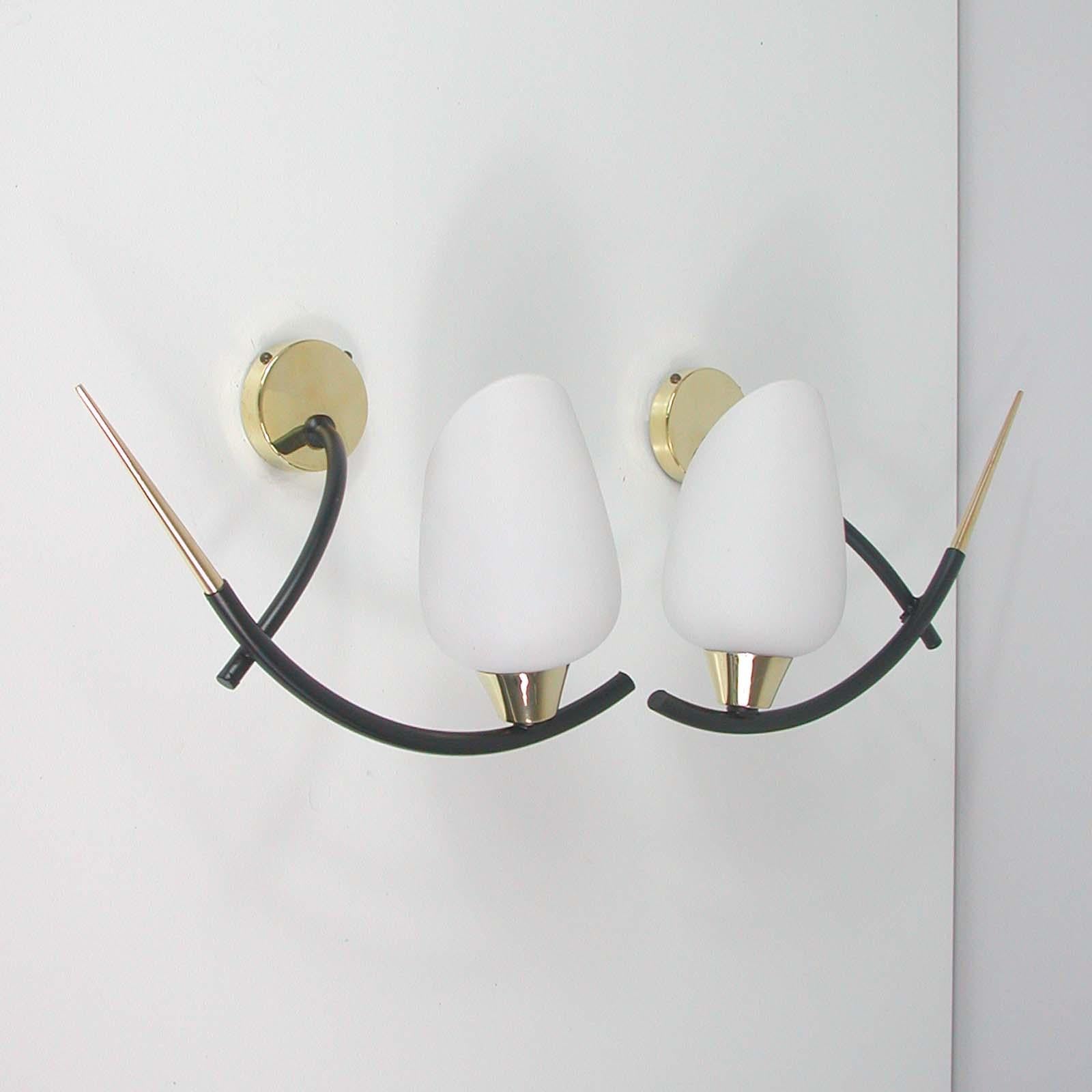 Midcentury French Brass & Opaline Glass Sconces by Maison Arlus, 1950s For Sale 10