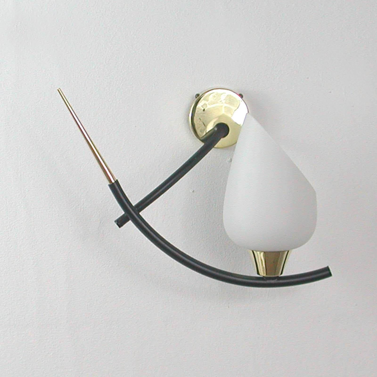 Mid-Century Modern Midcentury French Brass & Opaline Glass Sconces by Maison Arlus, 1950s For Sale